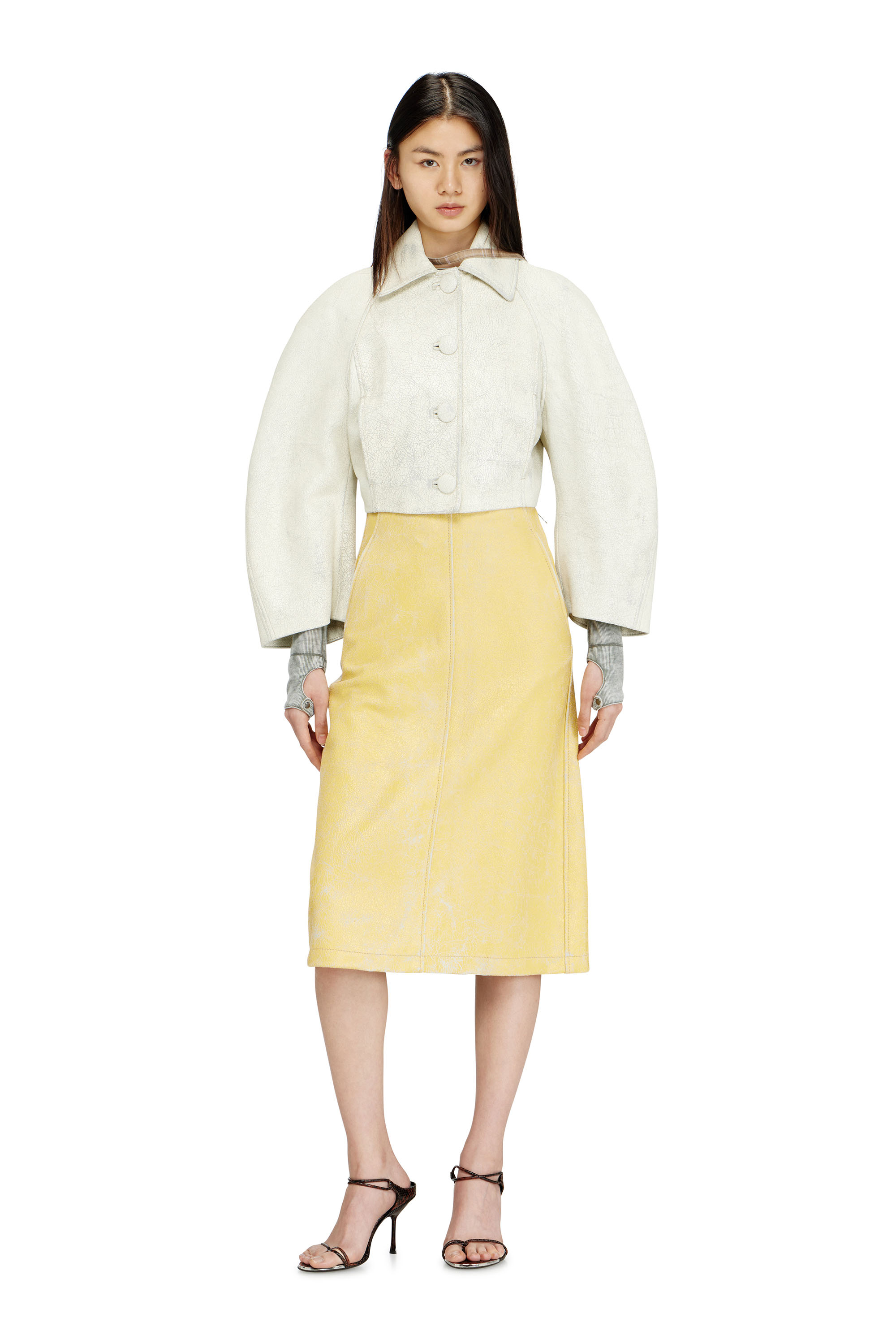 Diesel - L-ERINA, Damen Midilanger Bleistiftrock aus Cracked-Leder in Gelb - 2