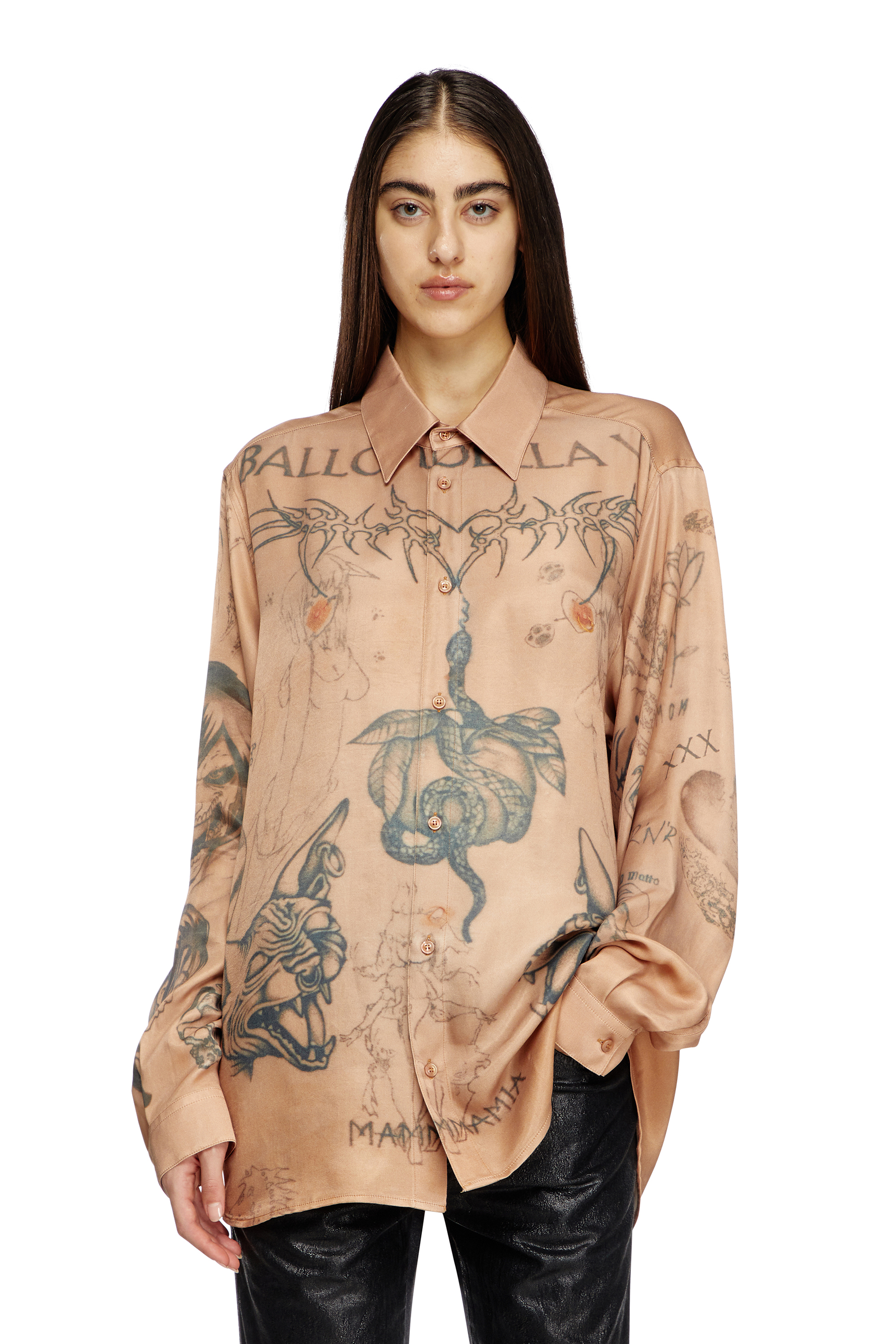 Diesel - S-SIMPLY-TTO-DD, Unisex Fließendes Shirt aus Satin mit Tattoo-Print in Beige - 7