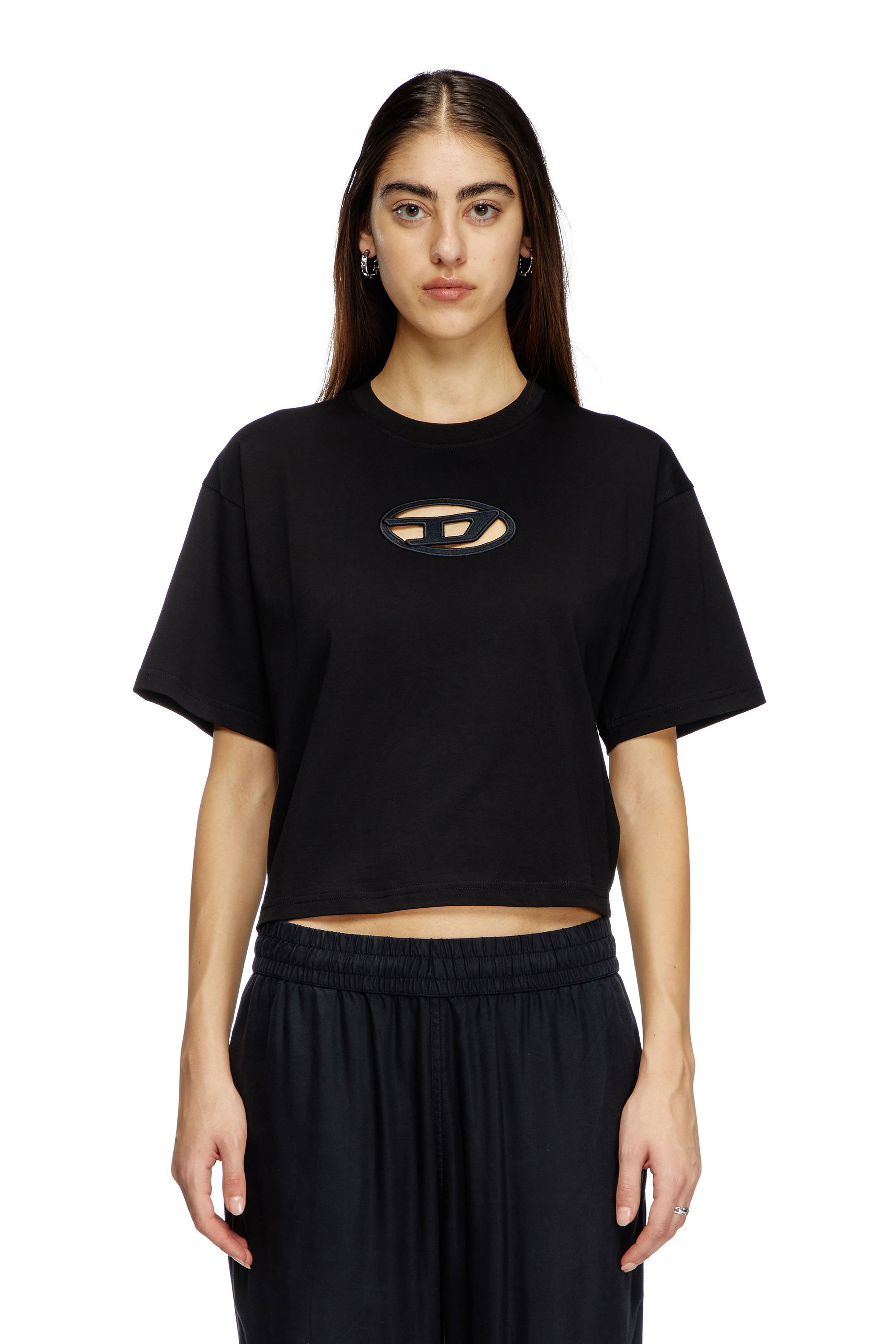 Diesel - T-BUXT-CROP-OD, Damen Kastiges T-Shirt mit ausgeschnittenem Oval D-Logo in Schwarz - 1