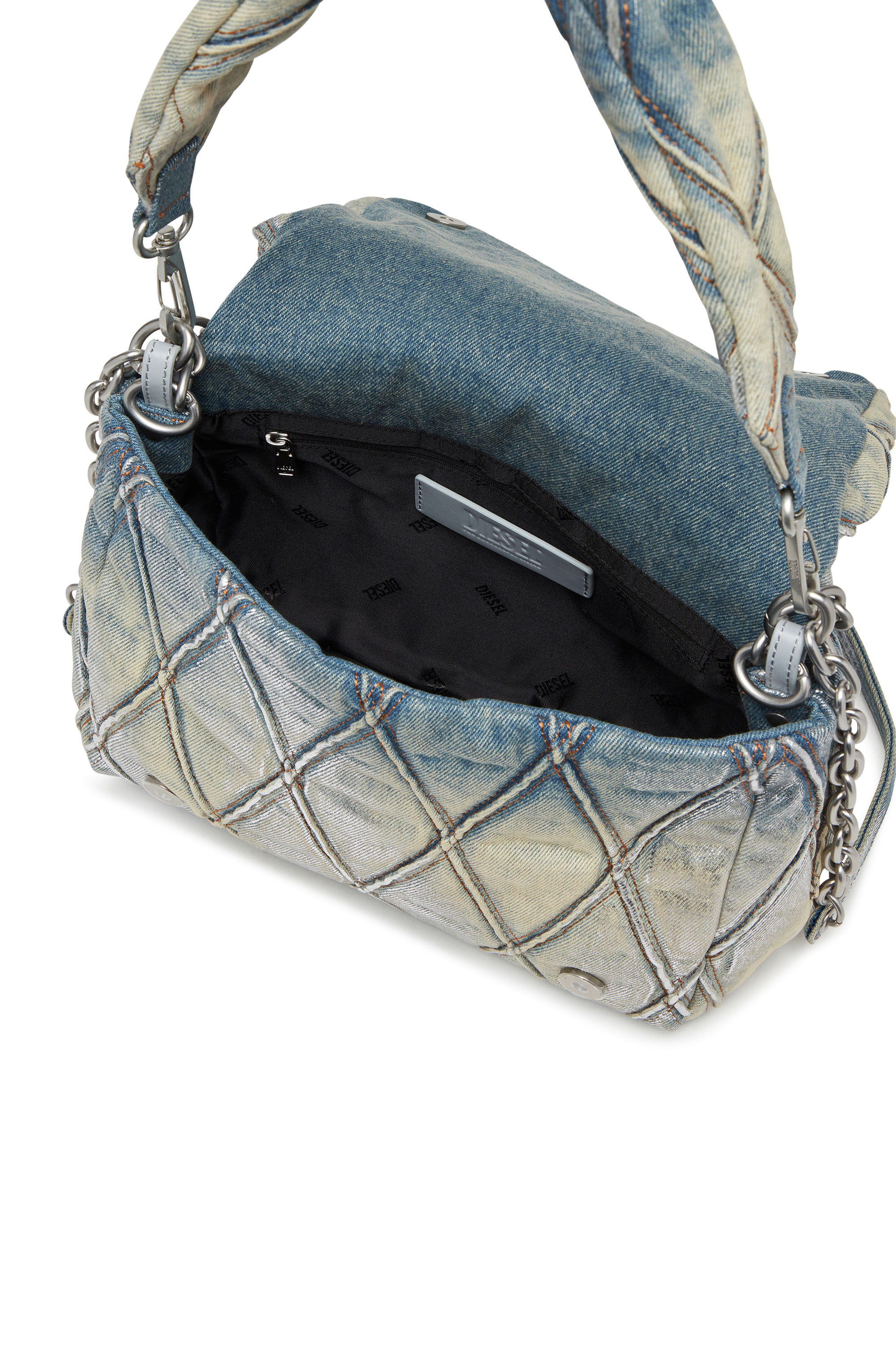 Diesel - CHARM-D SHOULDER M, Woman's Charm-D M-Shoulder bag in metallic quilted denim in Light Blue - 4