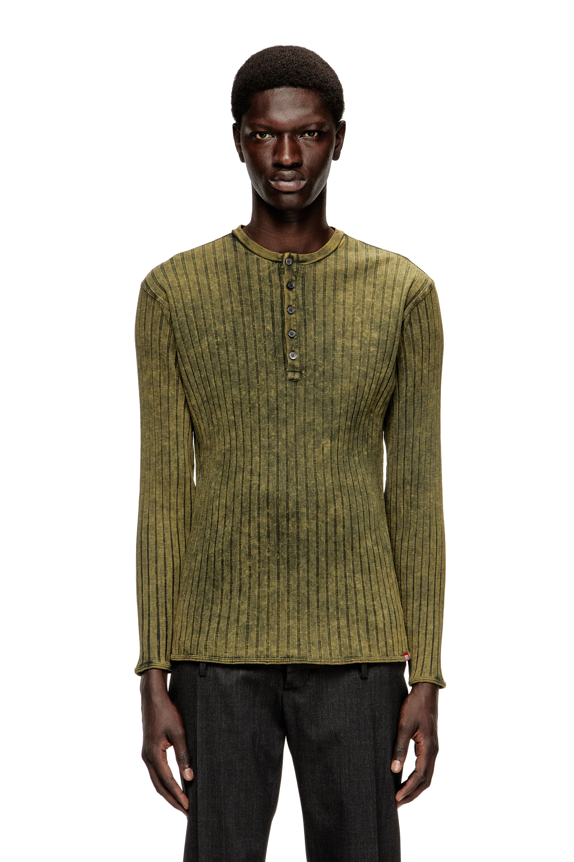 Diesel - T-ALLY, Herren Henley-Oberteil aus behandeltem Jersey mit breitem Rippenstrick in Grün - 1