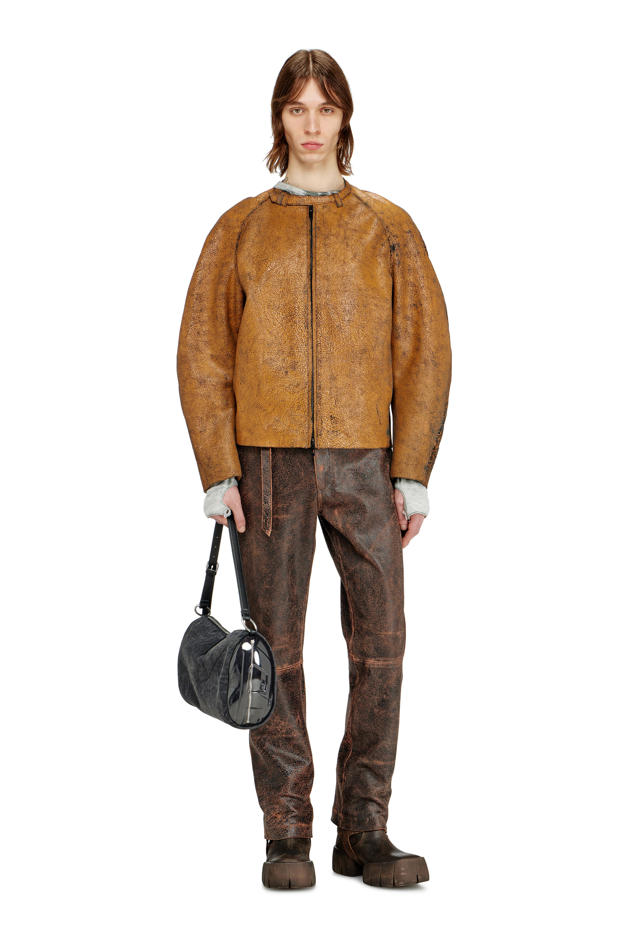 Diesel - P-NURI, Herren Hose aus Rissleder mit Biker-Riemendetail in Braun - 1