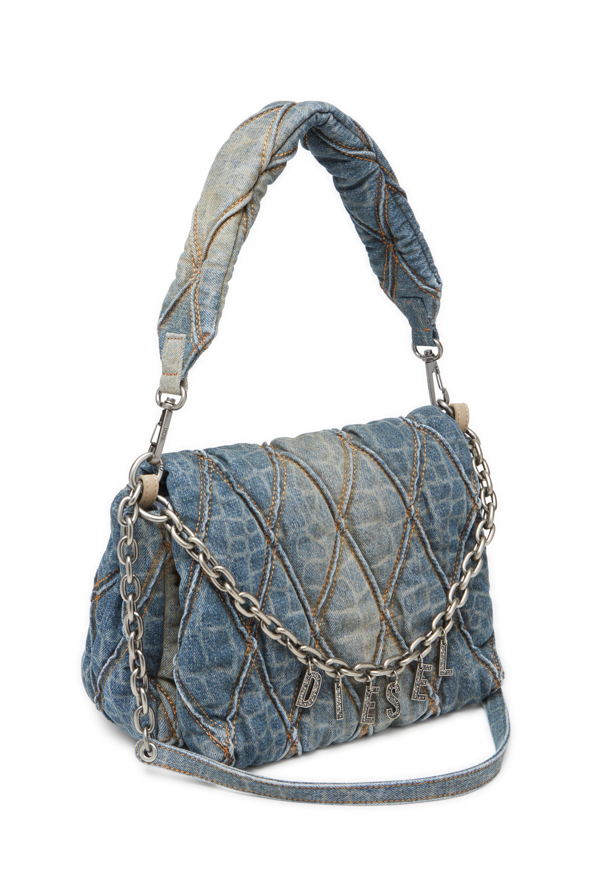 Diesel - CNY CHARM-D SHOULDER M, Damen Schultertasche aus gestepptem Denim mit Schlangen-Print in Blau - 5