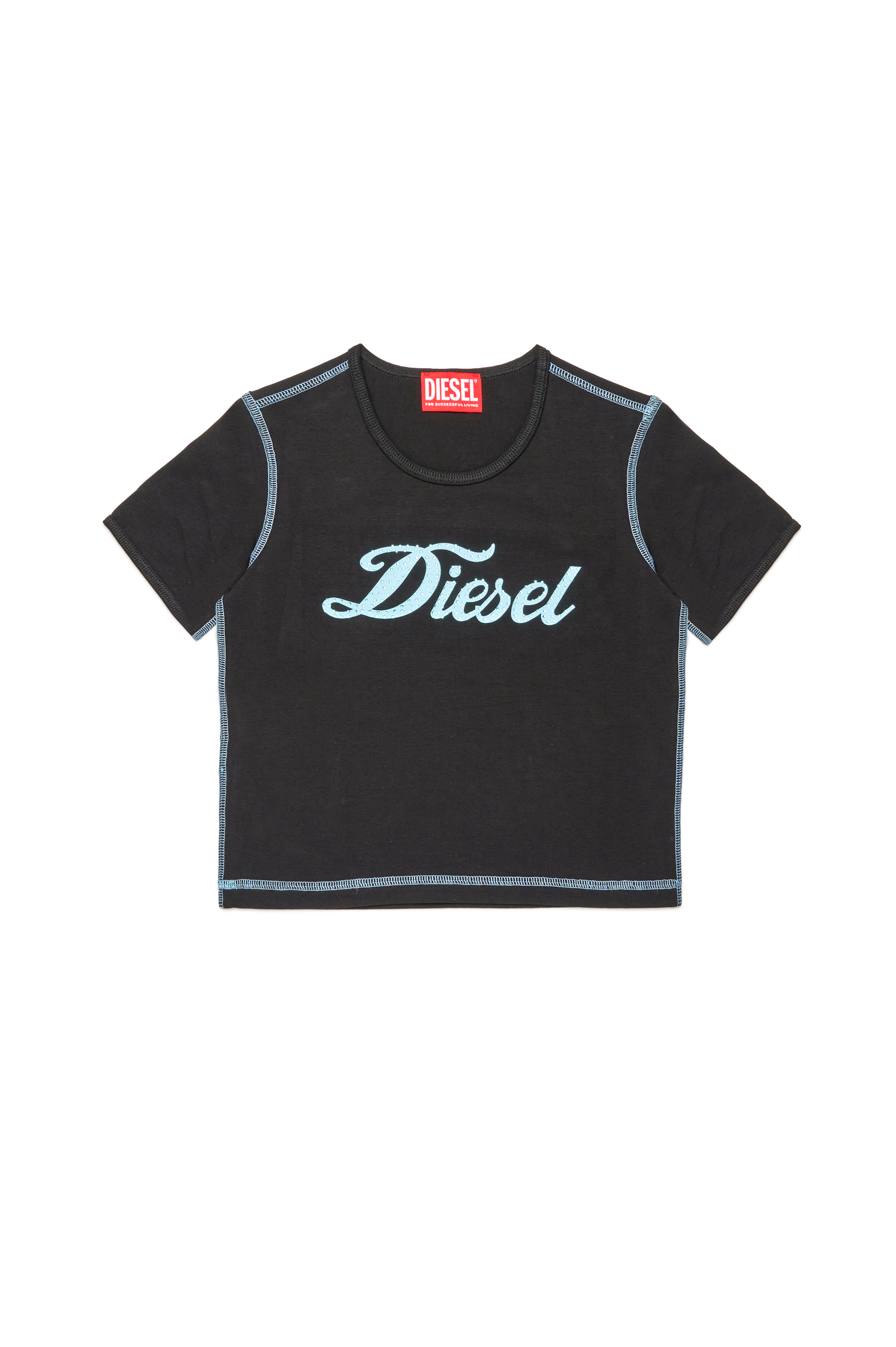 Diesel - TUNCUTIELONGL3, Damen T-Shirt mit aufgedrucktem Logo und Kristall-Logo in Schwarz - Image 1