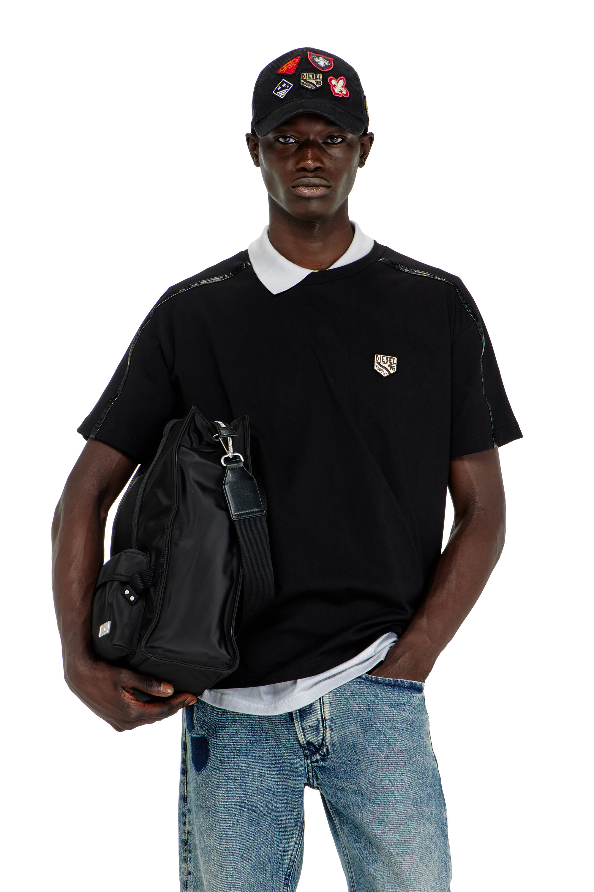 Diesel - T-NORM-FL, Herren T-shirt mit Kontrastabschl&uuml;ssen und Logo patch in Schwarz - 1