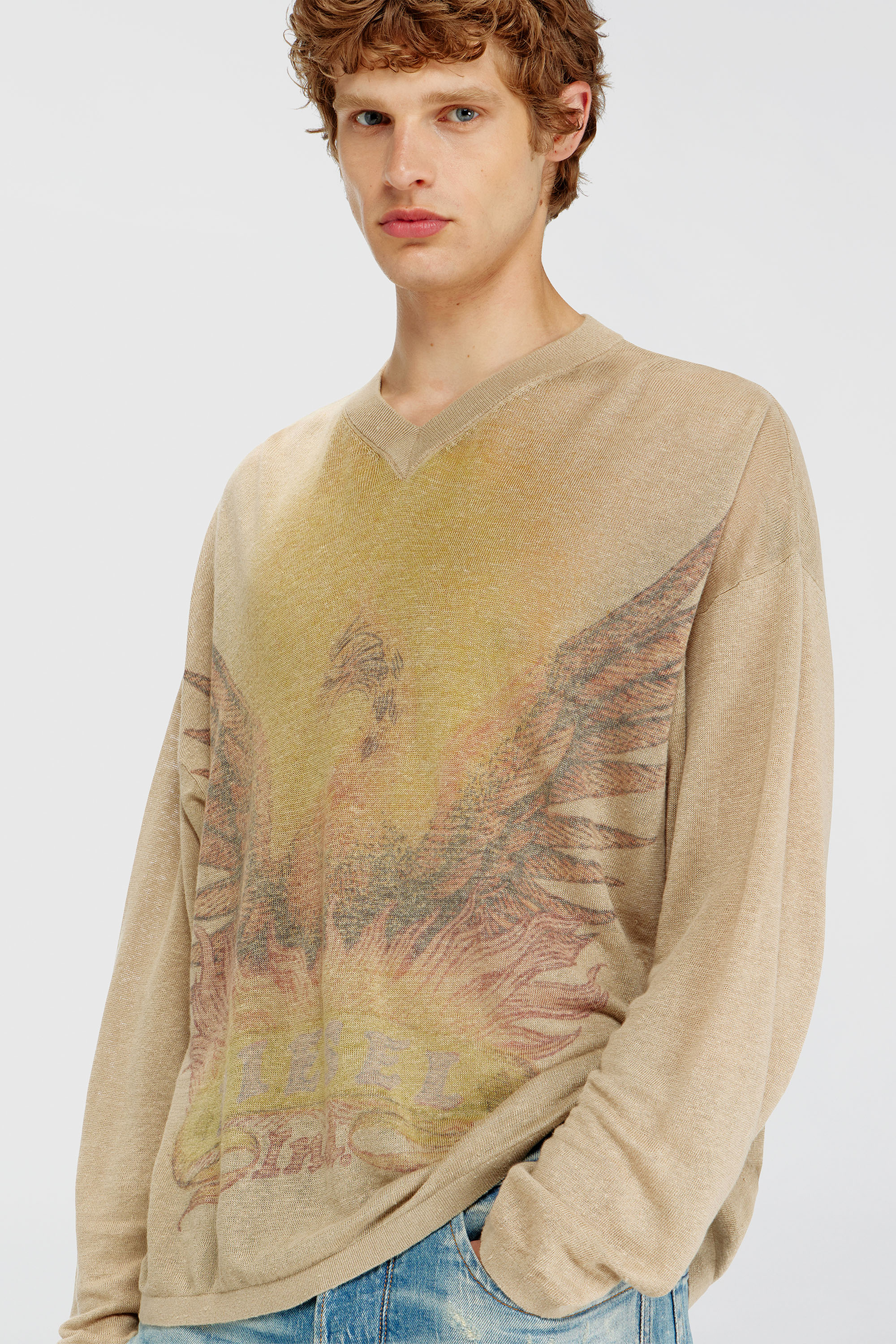Diesel - K-ARMINS, Herren Leinenpullover mit verblasstem Phoenix-Print in Beige - 5
