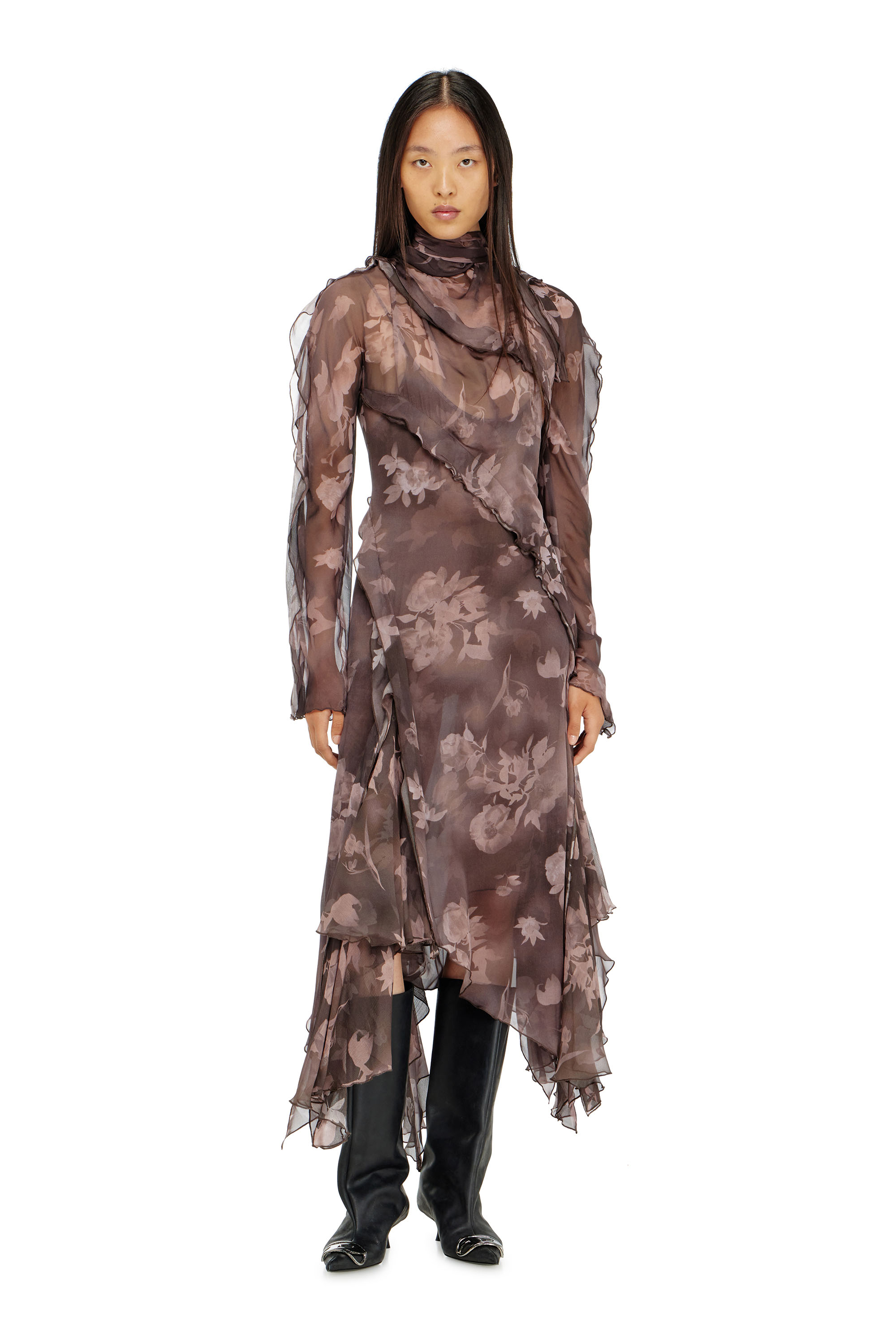 Diesel - D-RIADI, Damen Asymmetrisches Midikleid aus Chiffon und Seiden-Cr&ecirc;pe in Braun - 3
