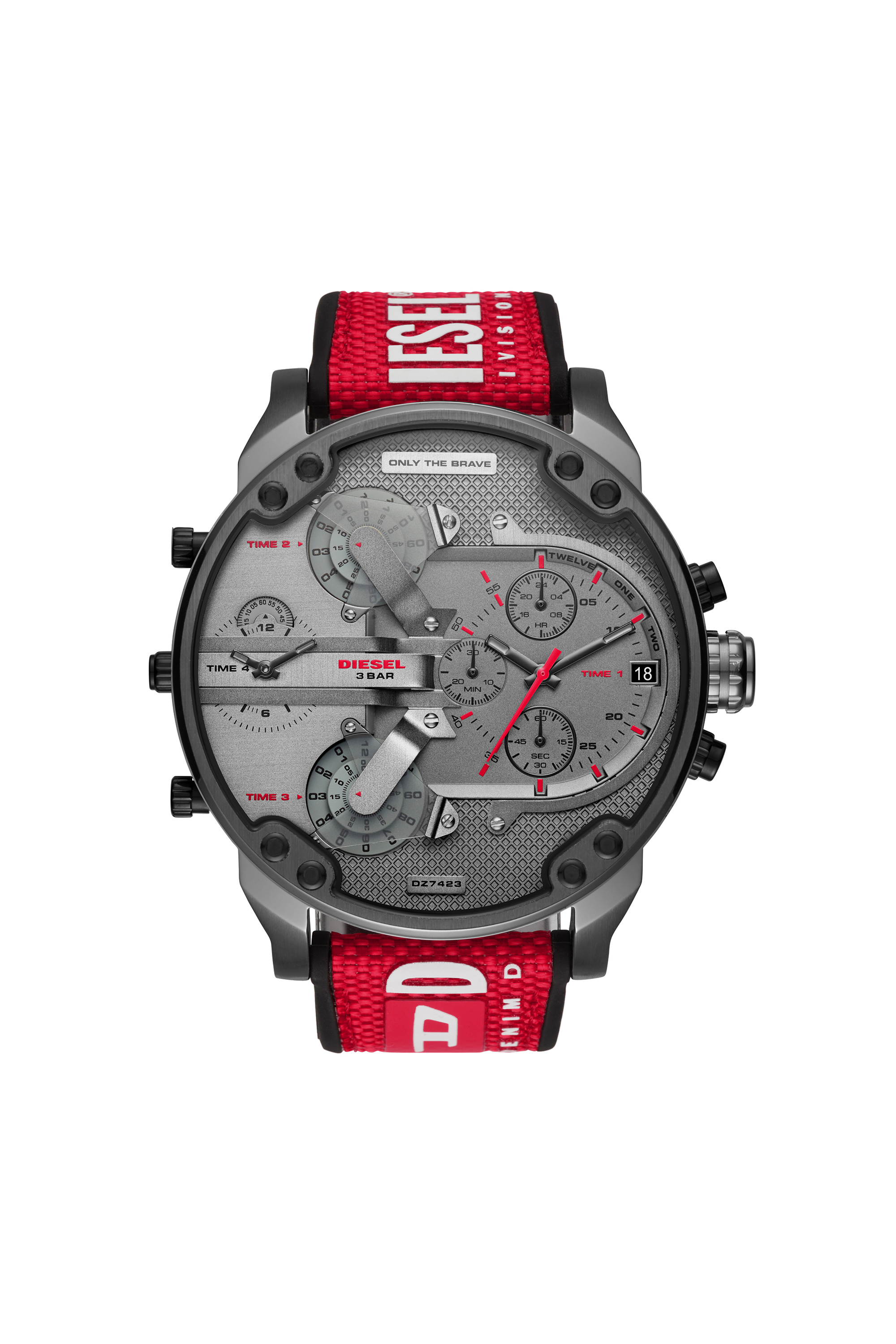 Diesel - DZ7423, Herren Mr. Daddy 2.0 Armbanduhr mit Chronograph-Anzeige und rotem Nylonarmband in Rot/Schwarz - 1
