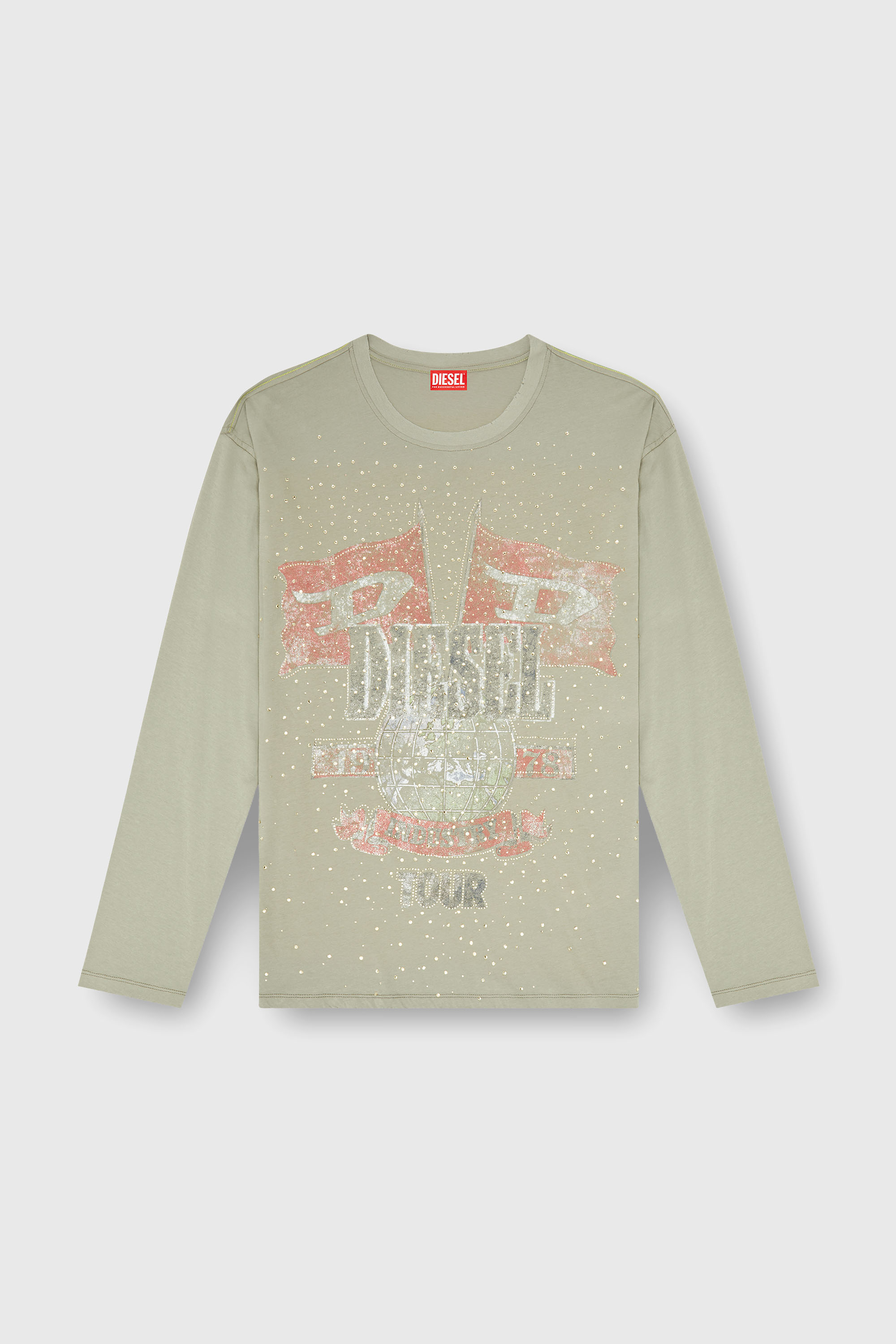 Diesel - T-GERI-LS-A, Herren Langarmshirt mit Konzertgrafik und Kristallen in Olivgr&uuml;n - 2