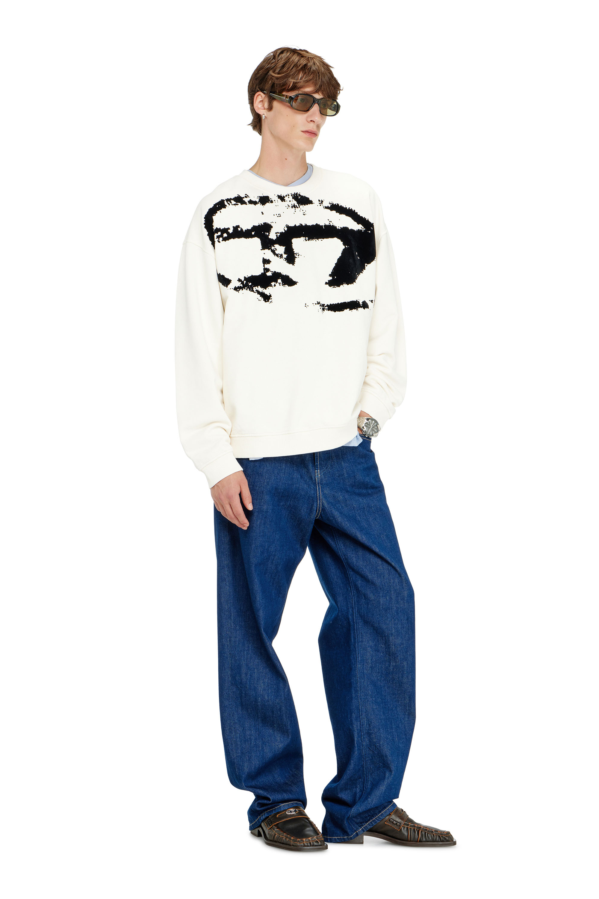 Diesel - S-BOXT-N5, Herren Baumwoll-Sweatshirt mit geflocktem Oval D in Schwarz/Weiss - 2