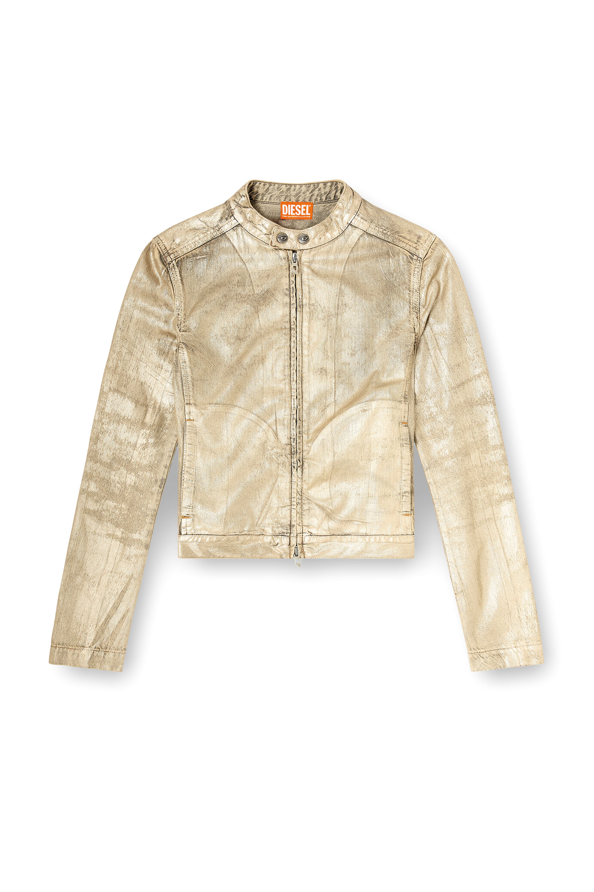 Diesel - DE-MORNIN-KG, Damen Bikerjacke aus distressed Metallic-Denim in Gold - 2