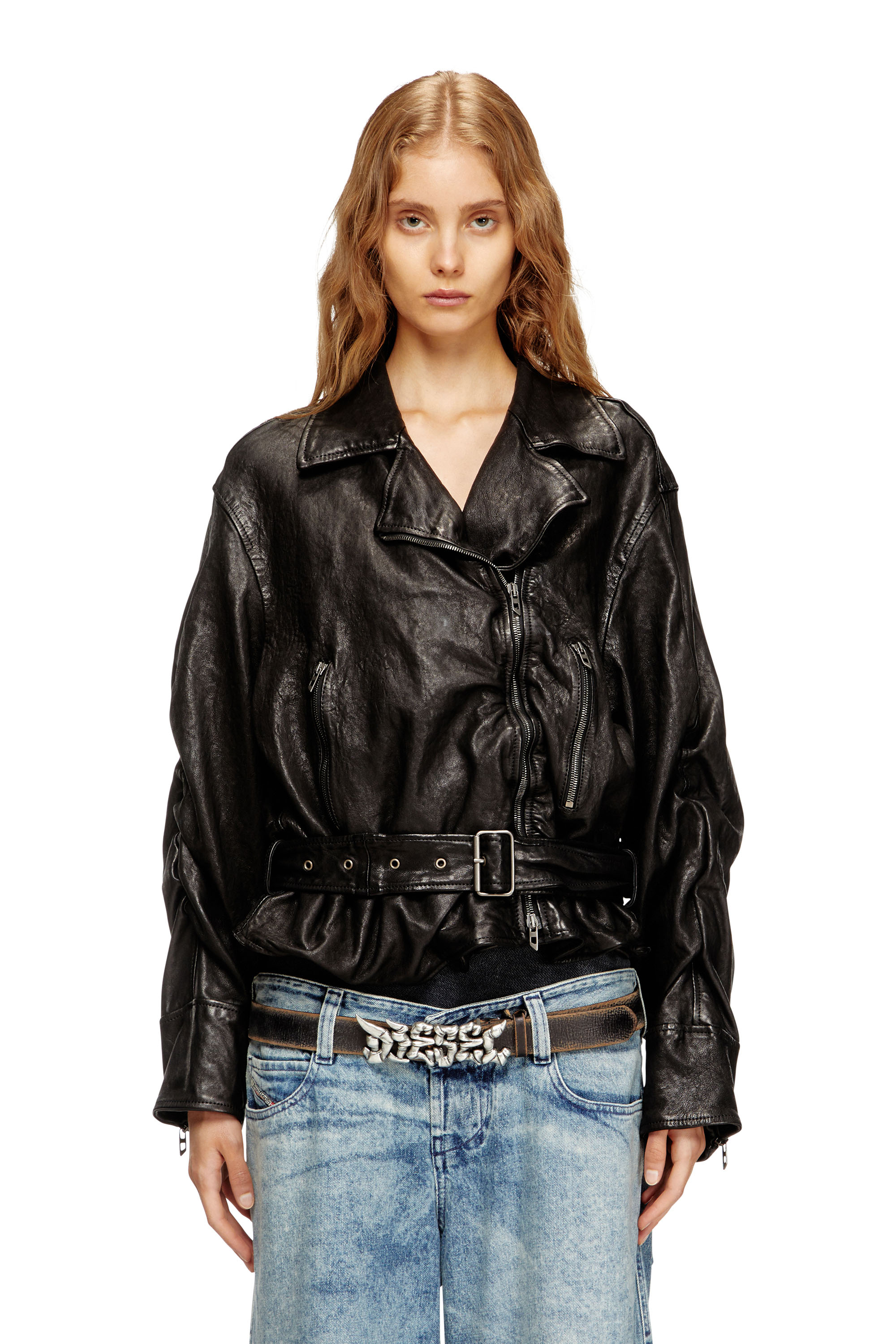 Diesel - L-OYS, Damen Jacke mit Gürtel aus thermischem Leder in Schwarz - 1