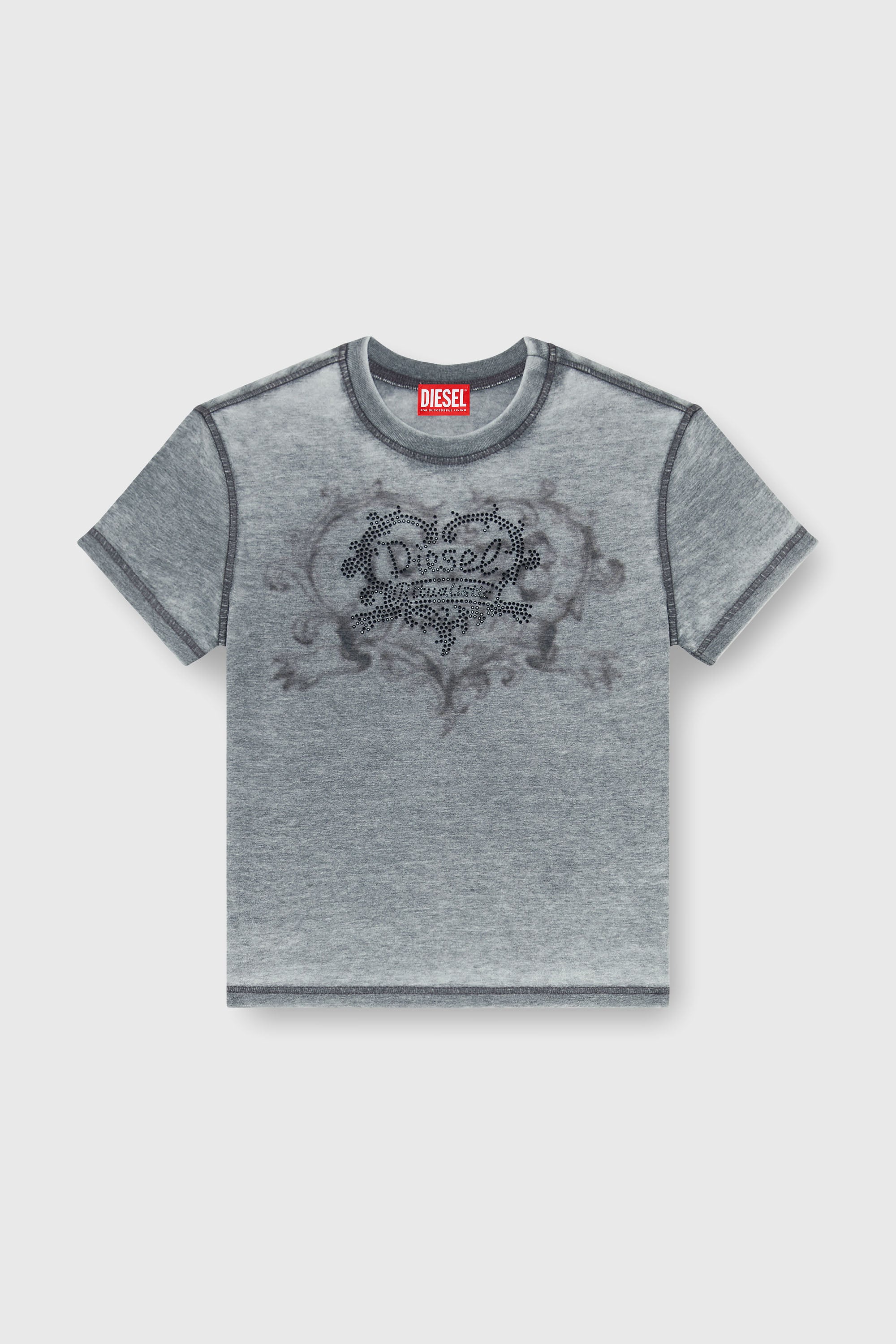 Diesel - T-ILA-AA1, Damen Jersey-T-Shirt mit Strasssteinen und burnout effect in Grau - 2