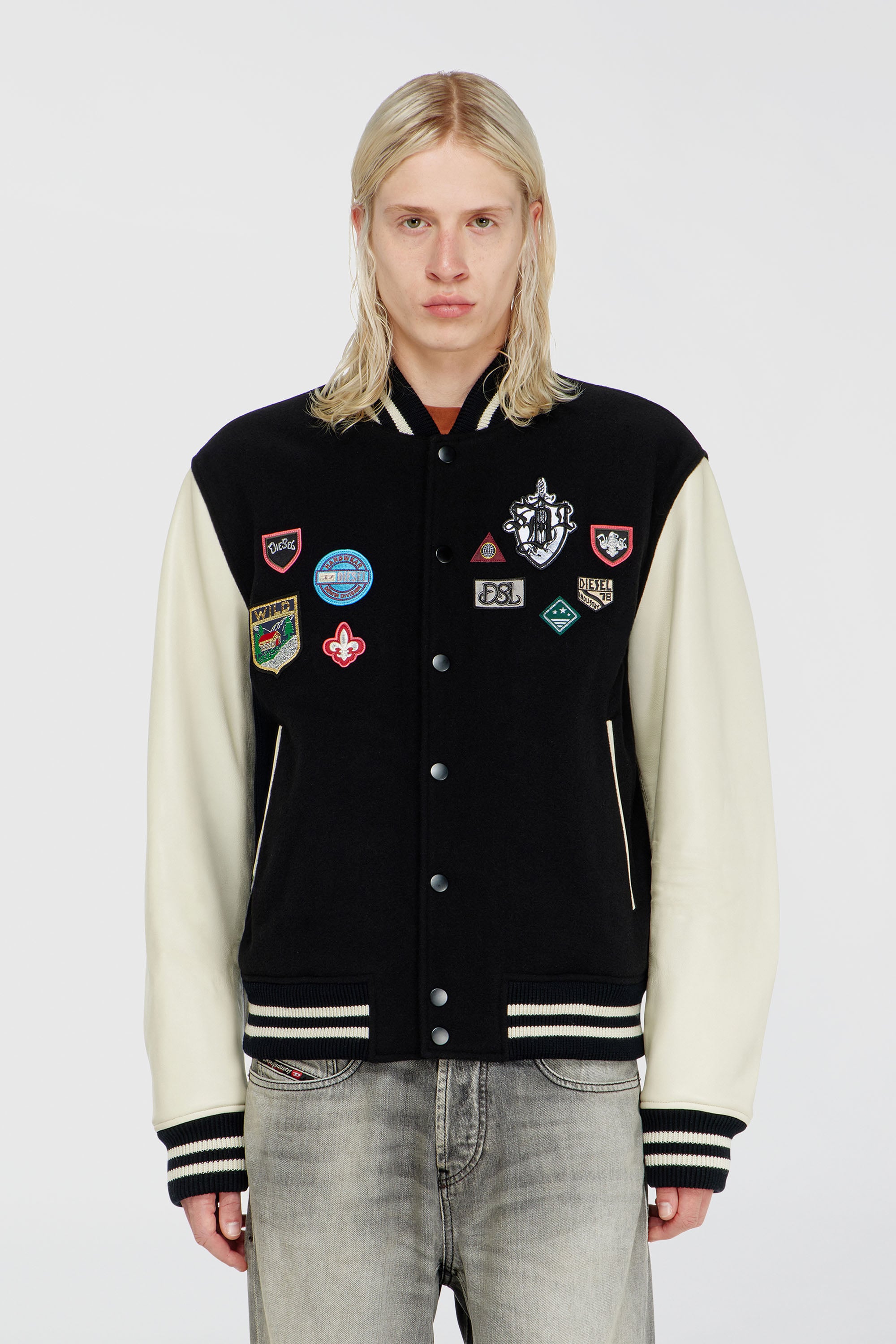 Diesel - L-ARRY-PATCH, Man's Wool and leather bomber jacket with patches in White/Black - 5