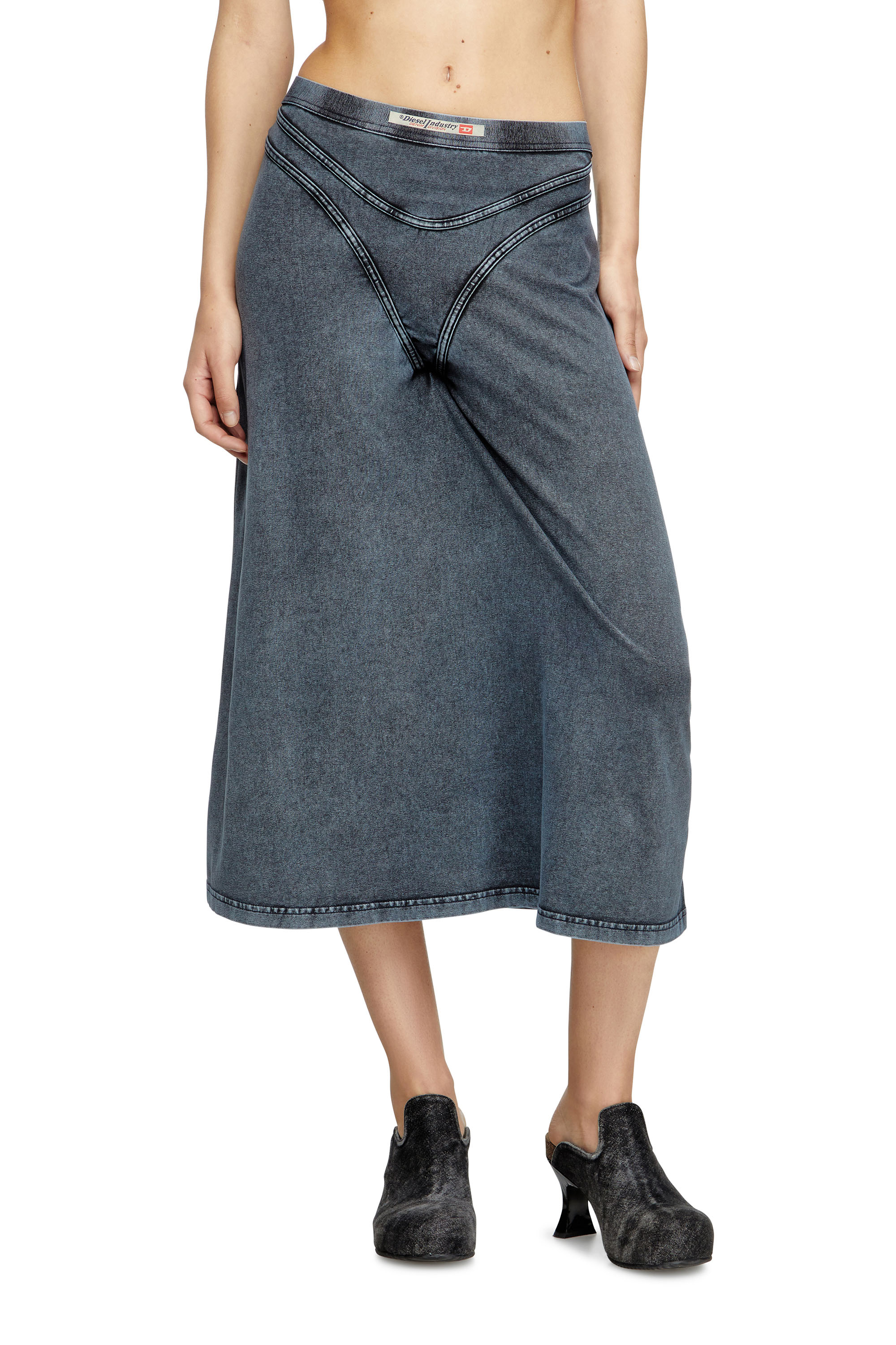 Diesel - O-ALLINE, Damen Midi-Rock aus Jersey in Denim-Optik in Dunkelblau - 1