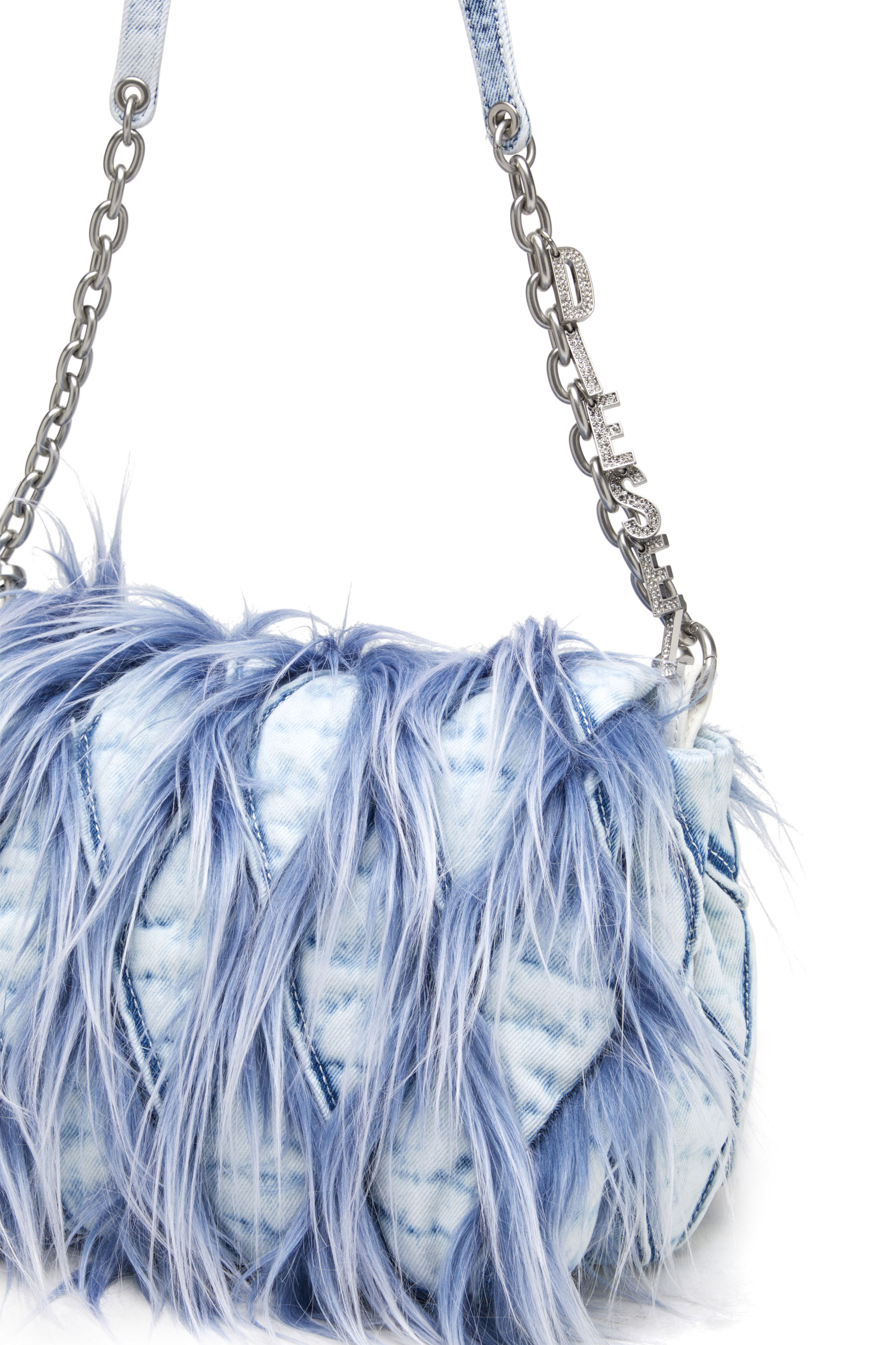 Diesel - CHARM-D SHOULDER M, Woman's Charm-D M-Shoulder bag in denim and faux fur in Blue - 5