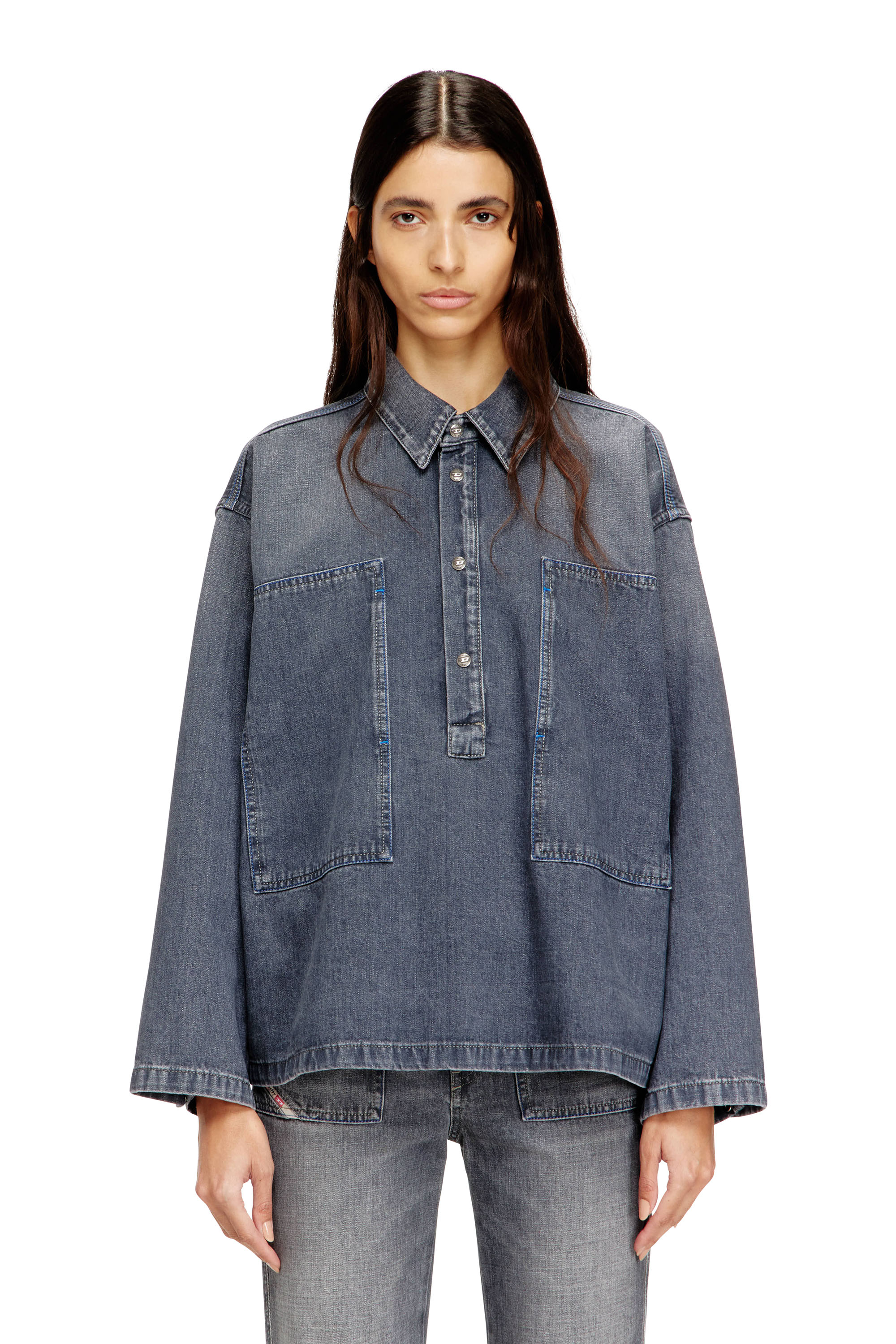 Diesel - DE-PRISS, Damen Henley-Top aus Denim mit Schmutzeffekt in Grau - 1
