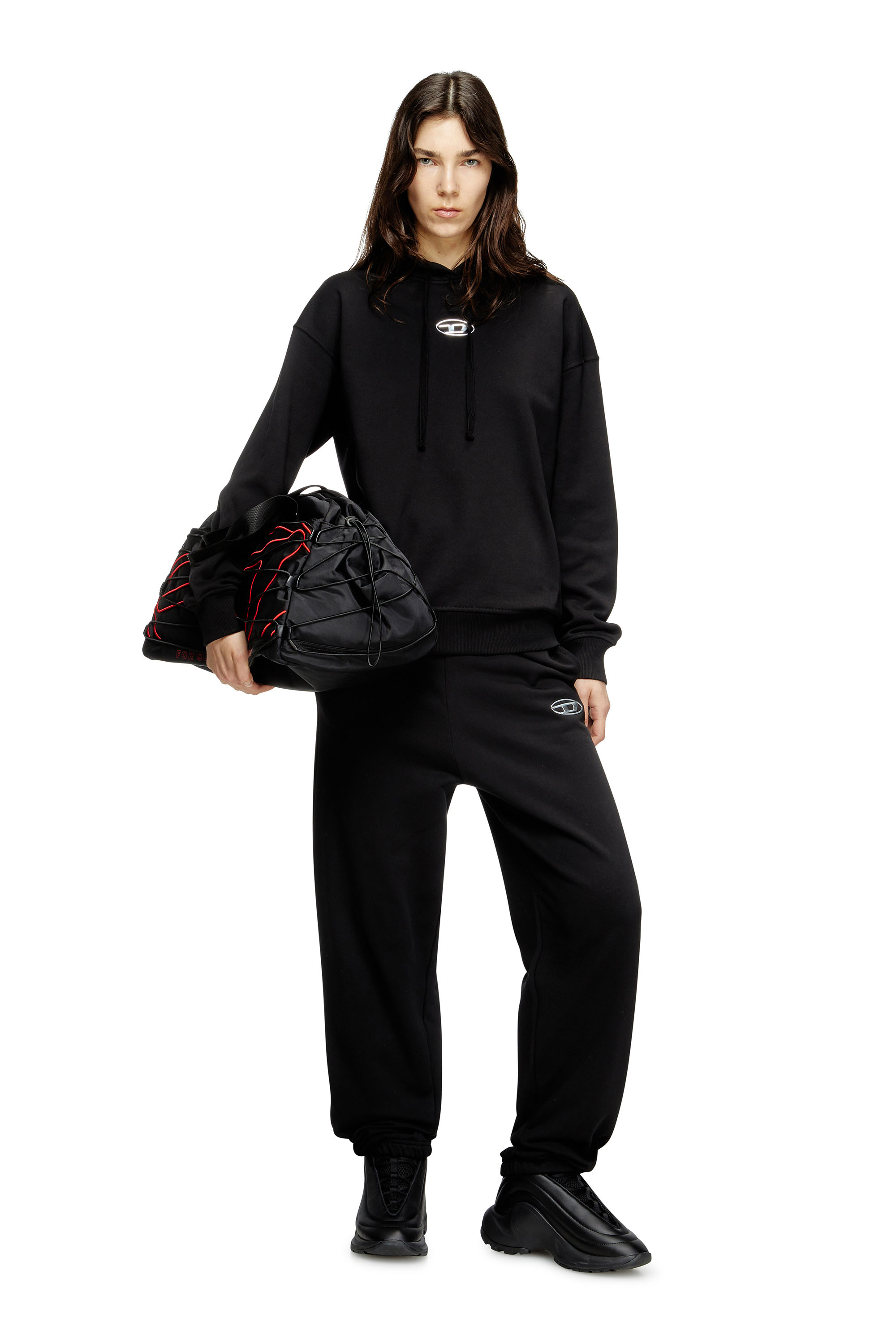 Diesel - F-BUXT-HOOD-OD, Damen Kapuzenpullover mit Oval D-Logo mit Metall-Effekt in Schwarz - 2