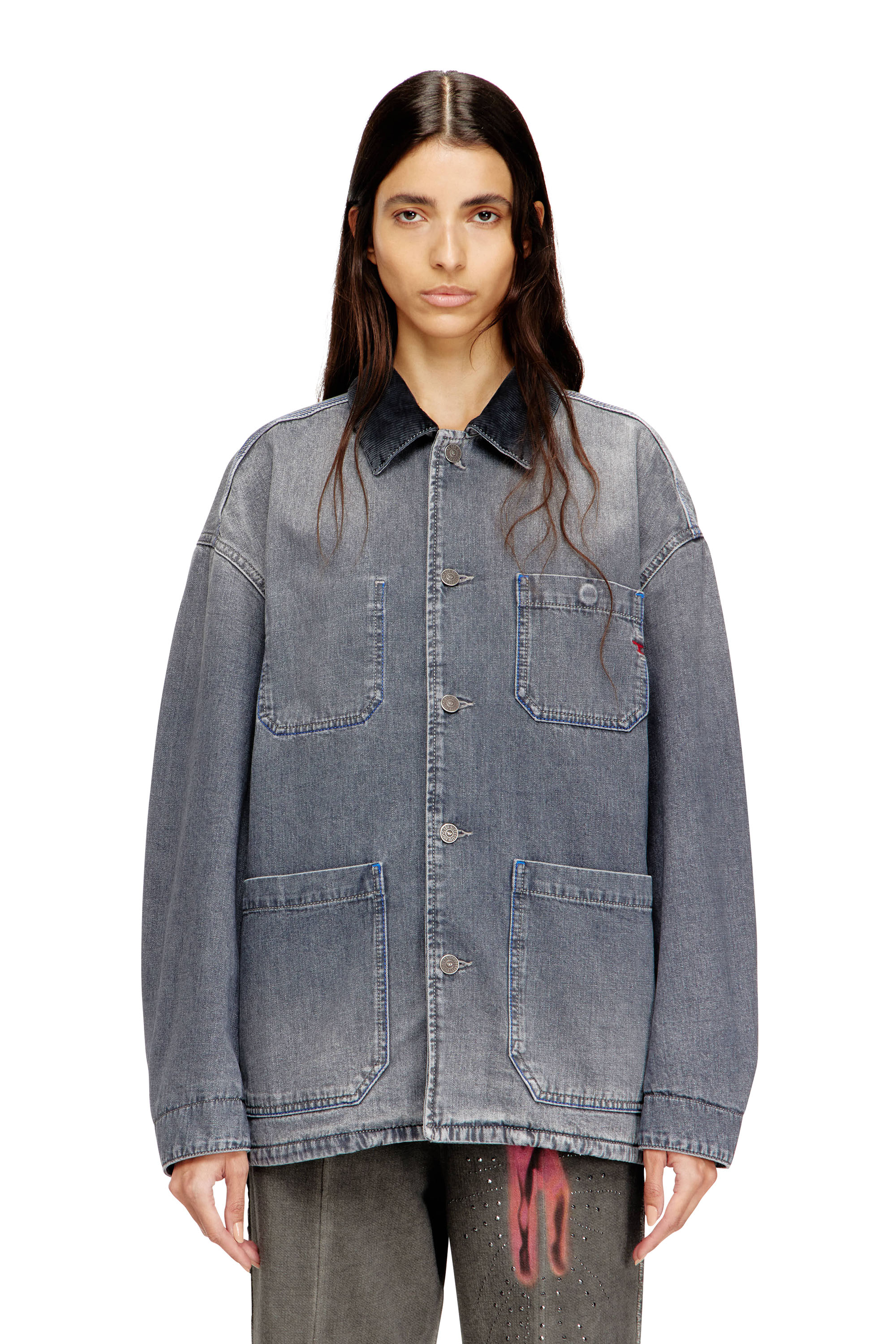Diesel - D-STACK-U-L, Unisex Utility-Denimjacke mit kontrastierendem Kragen in Grau - 1