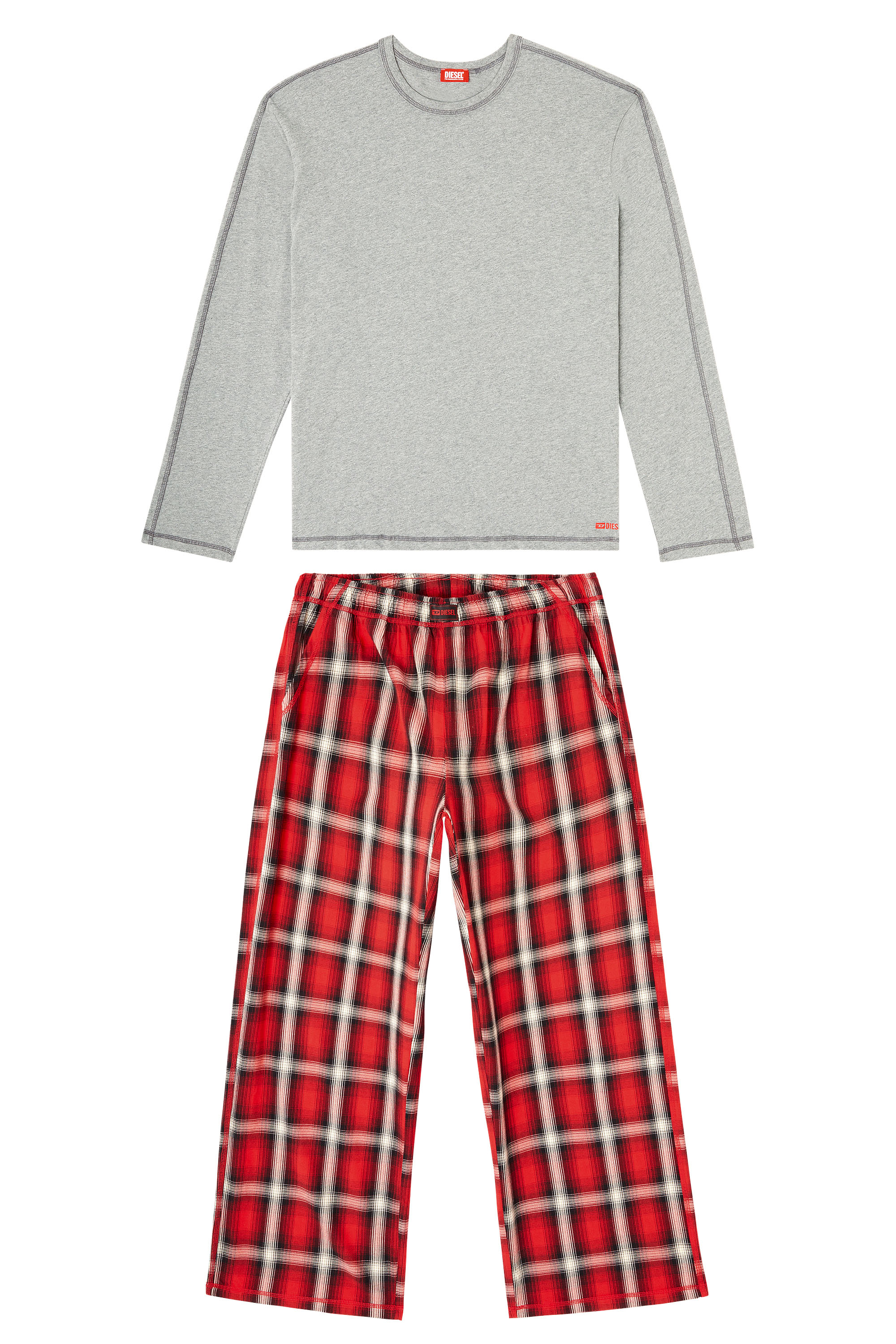 Diesel - KIT-LIAM, Herren Baumwoll-Pyjama-Set mit karierten Hosen in Grau/Rot - 2