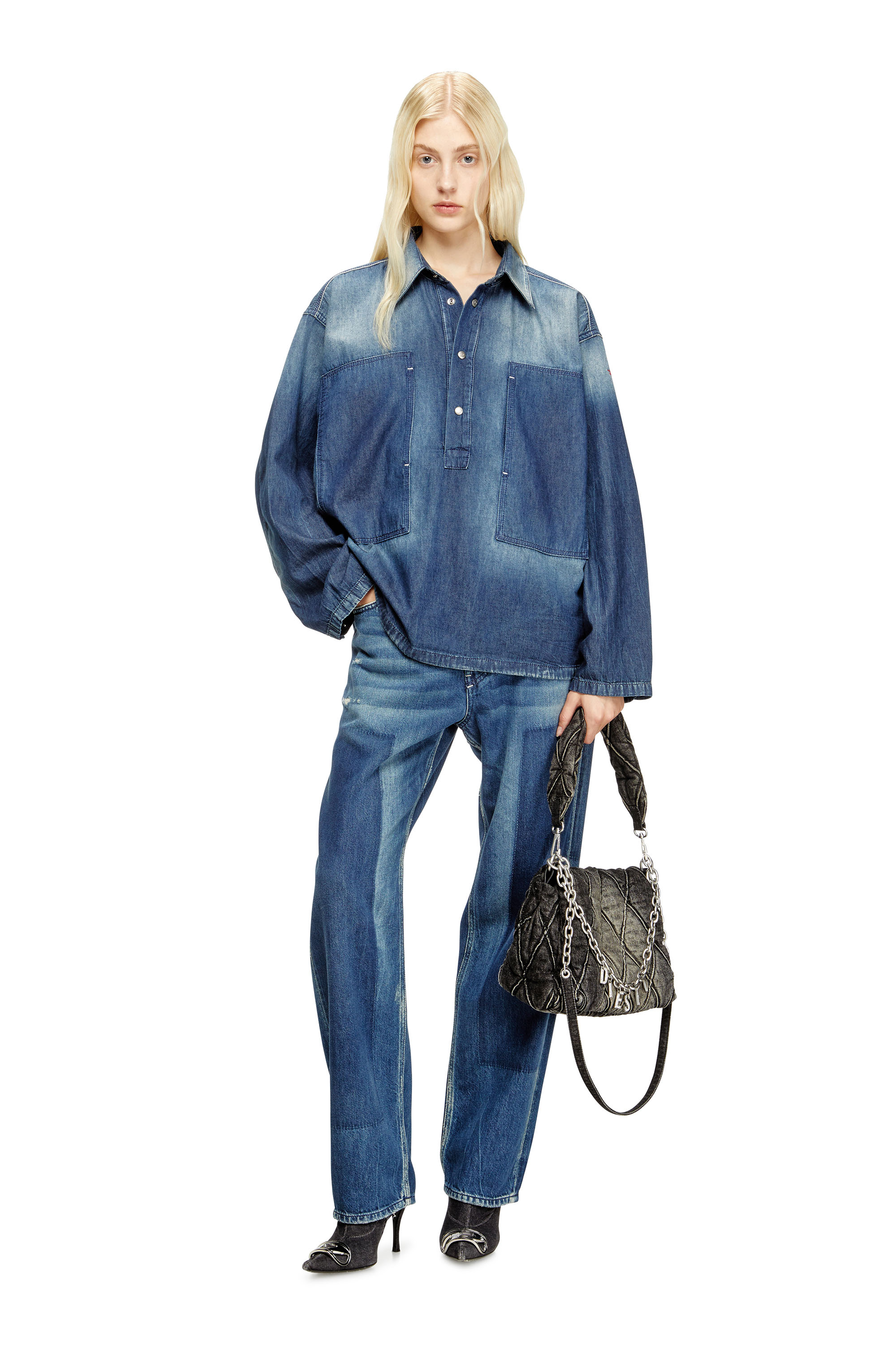 Diesel - DE-PRISS, Damen Henley-Oberteil in Kontrast-Effekt-Denim in Mittelblau - 1