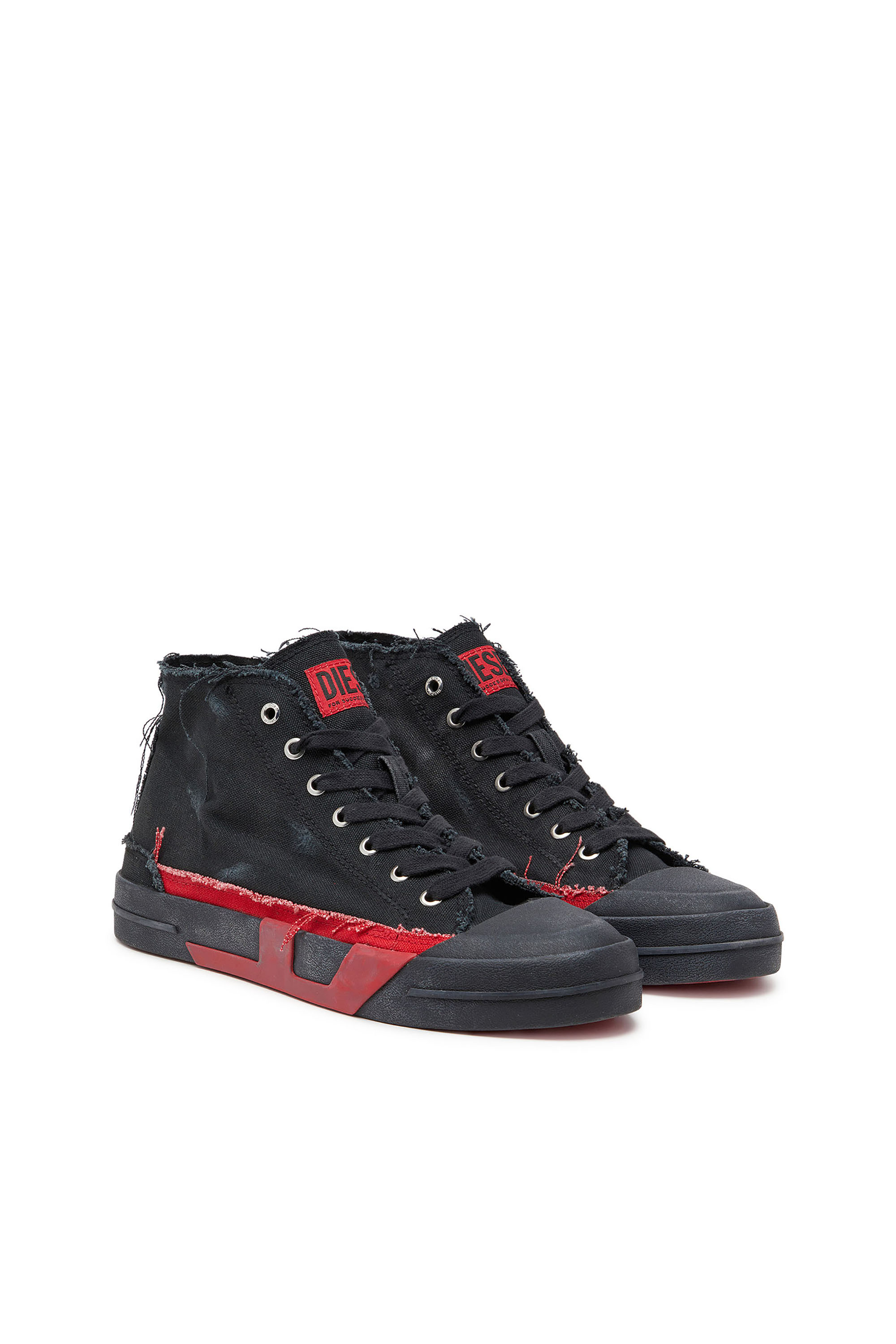 Diesel - S-D-VERSE MID II, Herren S-D-Verse-High-Top-Sneakers aus Canvas in vielgetragener Optik in Schwarz/Rot - 2