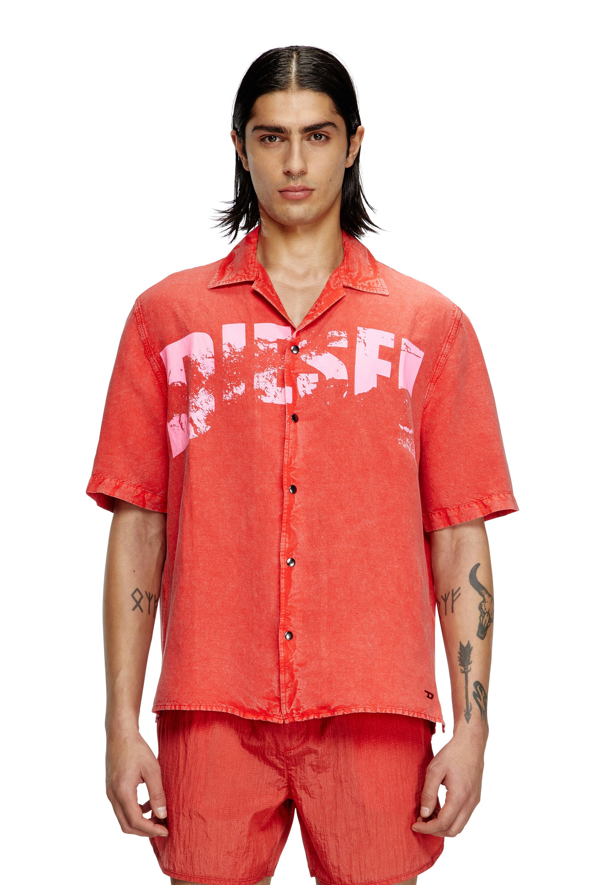 Diesel - CHARLES-D-POP, Man's Beach shirt in linen blend in Red - 1