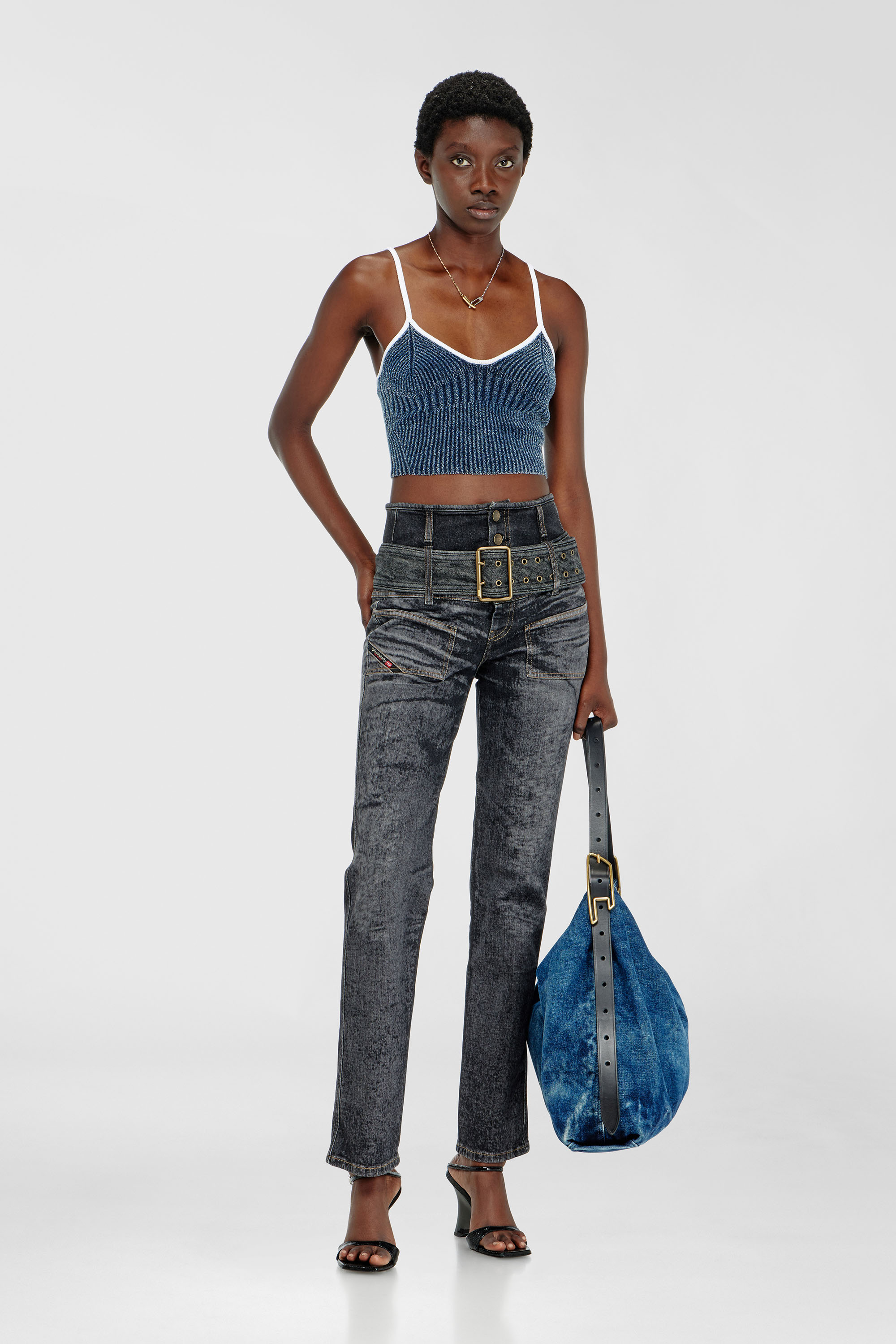 Diesel - M-ESTERE, Damen Crop-Top aus indigo boucl&eacute; Rippstrick in Blau/Weiss - 1