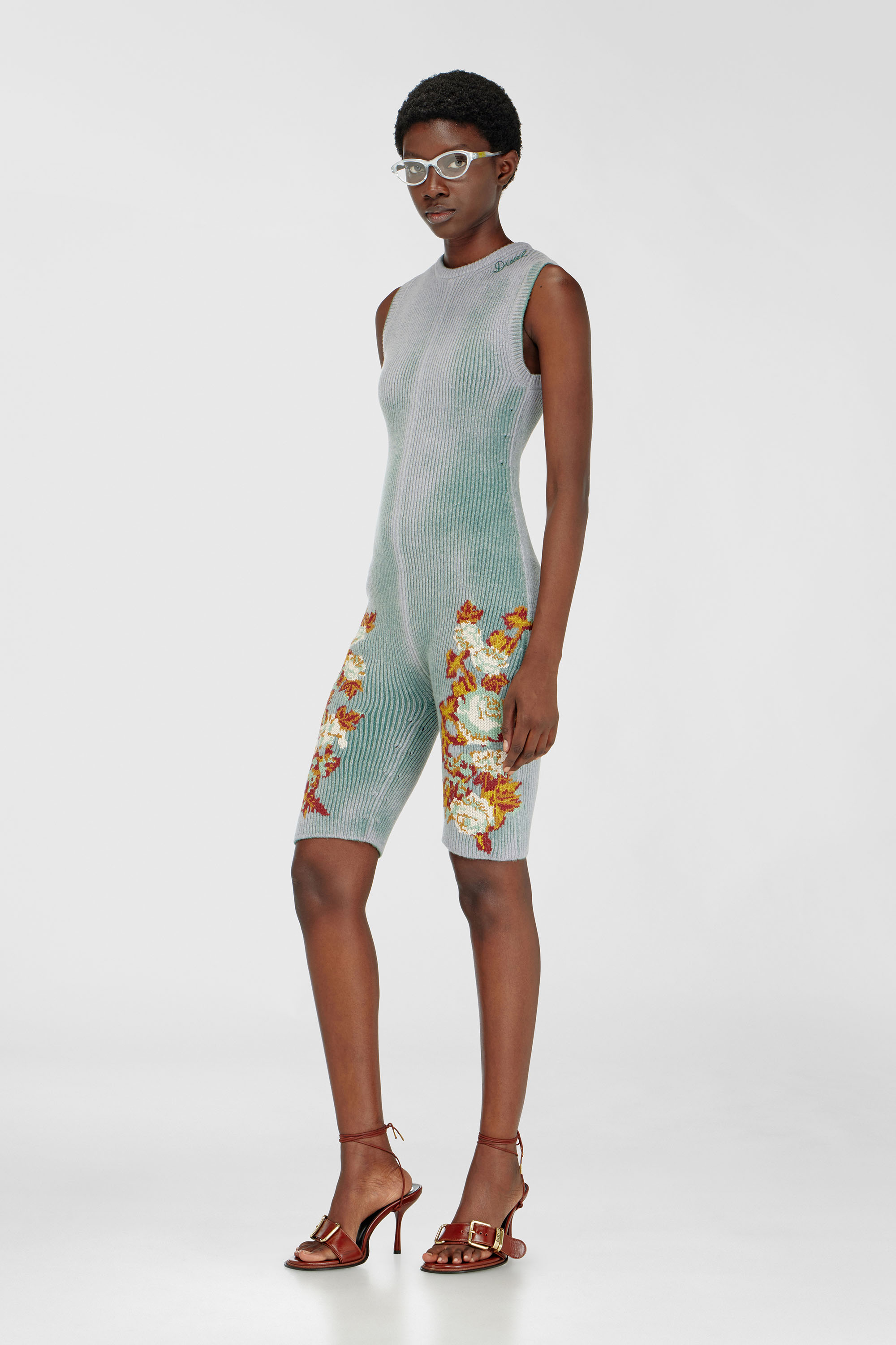 Diesel - M-RAREM, Damen Gestrickter Overall mit Blumenmuster in Blau/Gr&uuml;n - 1