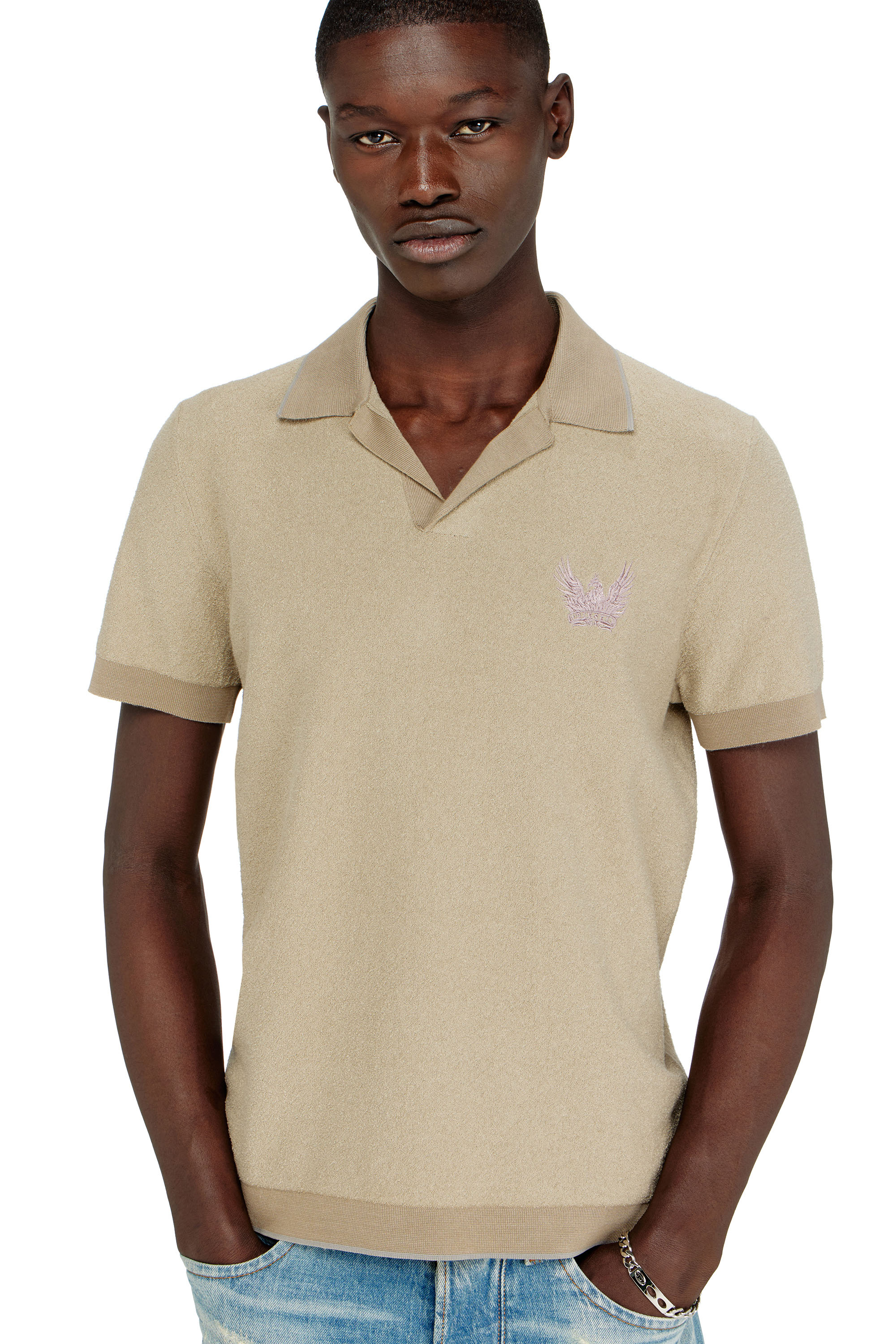 Diesel - K-RAILES, Herren Poloshirt aus Boucl&eacute;-Strick mit Phoenix-Logo in Beige - 5