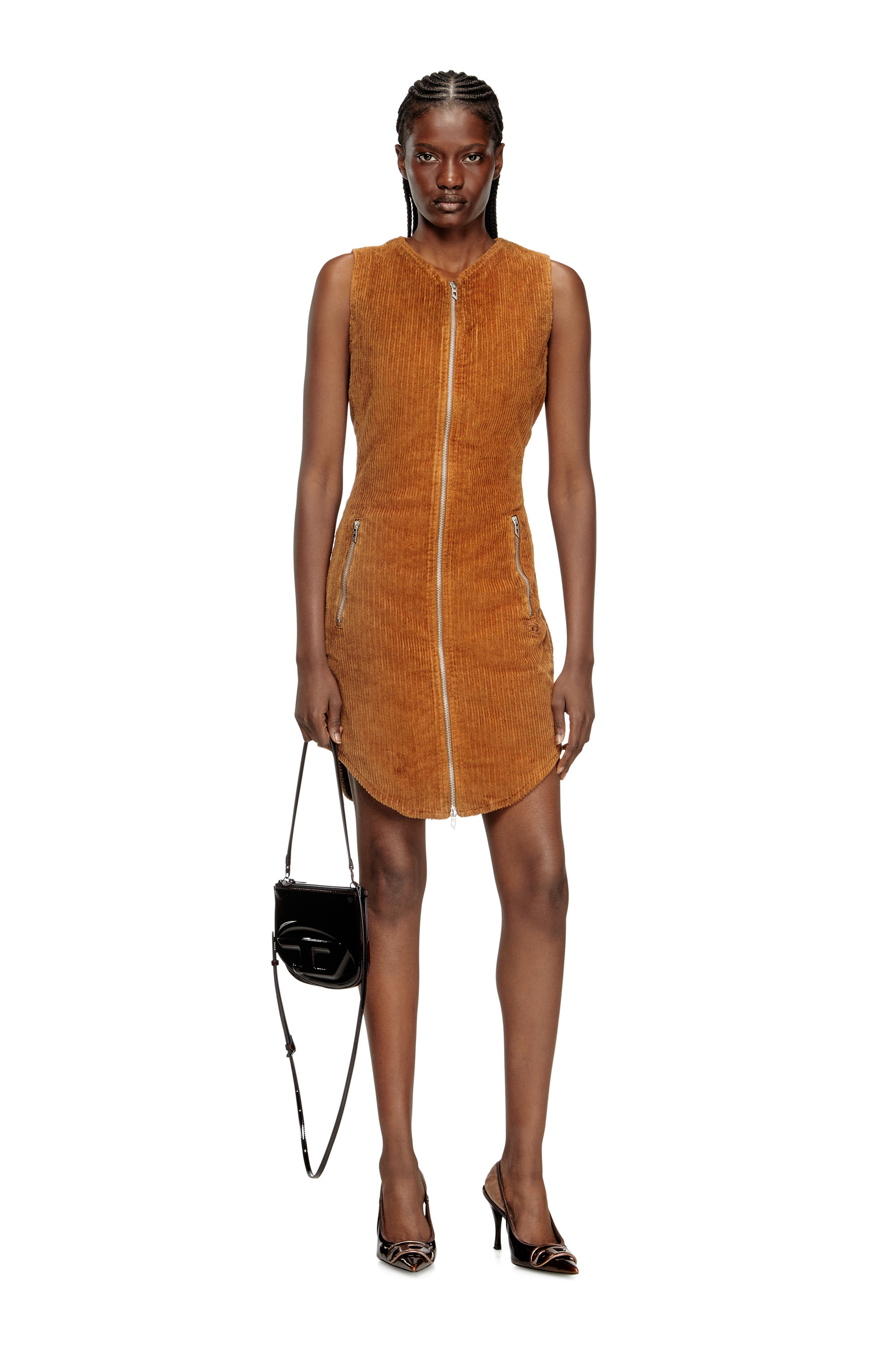 D-ENEA, Braun Diesel - D-ENEA, Damen Minikleid aus Baumwolle mit Frontreißverschluss in Braun - 1