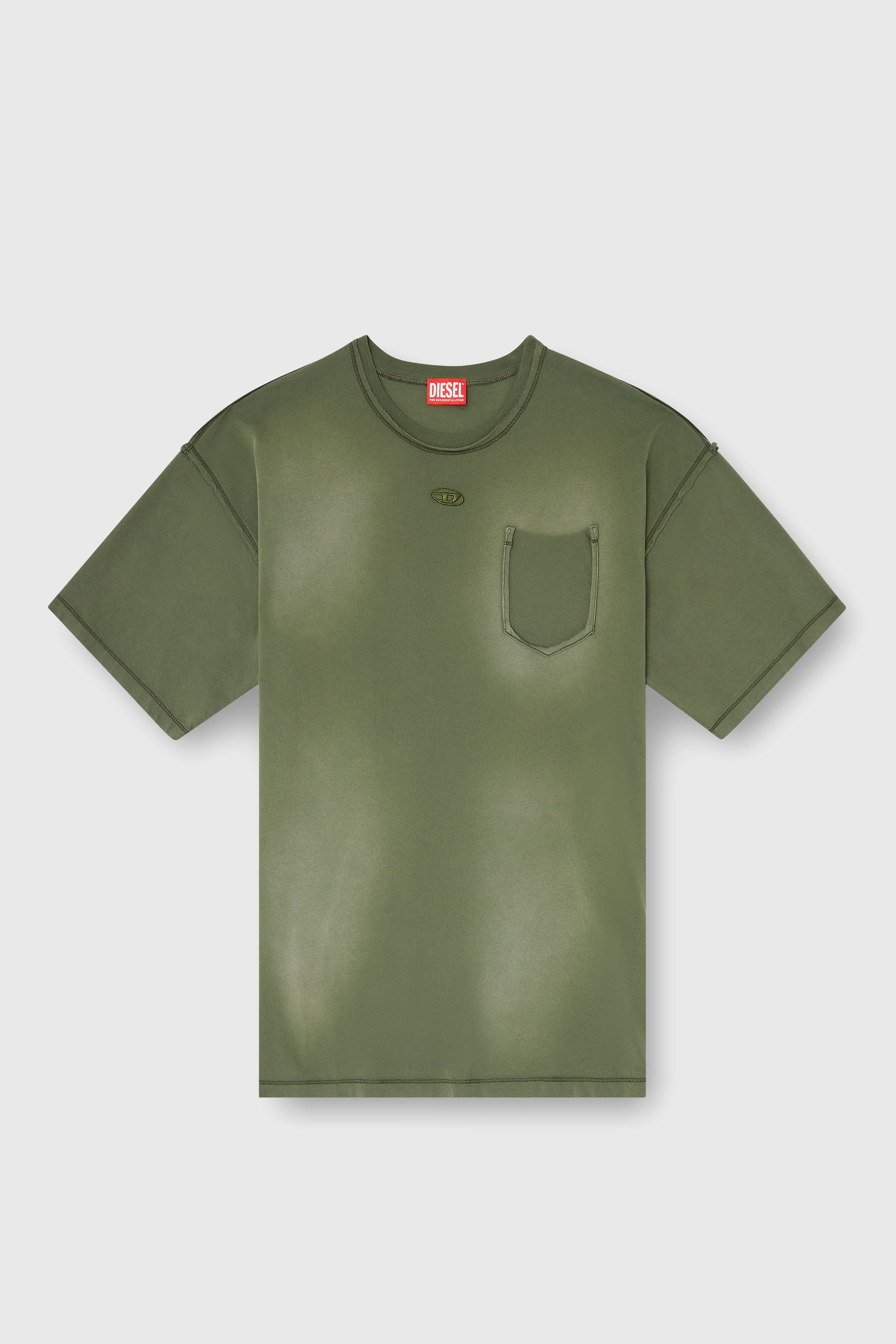 Diesel - T-POCK, Herren Verwaschenes T-Shirt mit zerrissener Brusttasche in Armeegr&uuml;n - 2