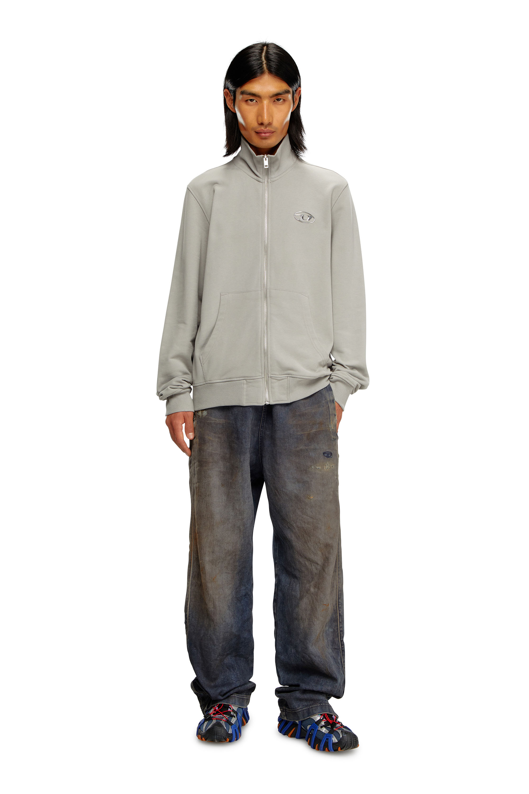 Diesel - S-GINNI-ZIP-OD, Herren Sweatshirt mit Metallic-Logo und Reißverschluss in Hellgrau - 1