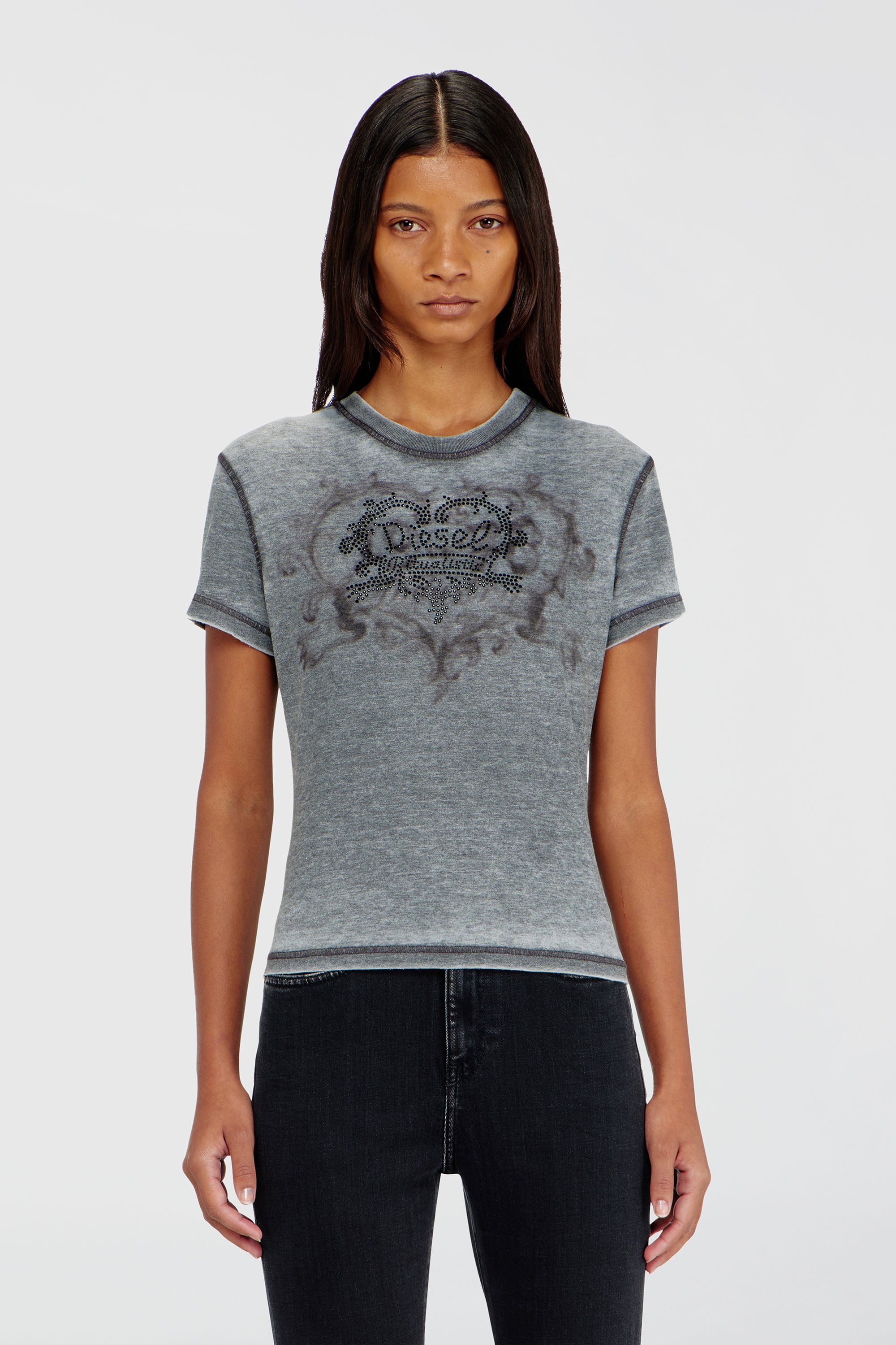 Diesel - T-ILA-AA1, Damen Jersey-T-Shirt mit Strasssteinen und burnout effect in Grau - 1