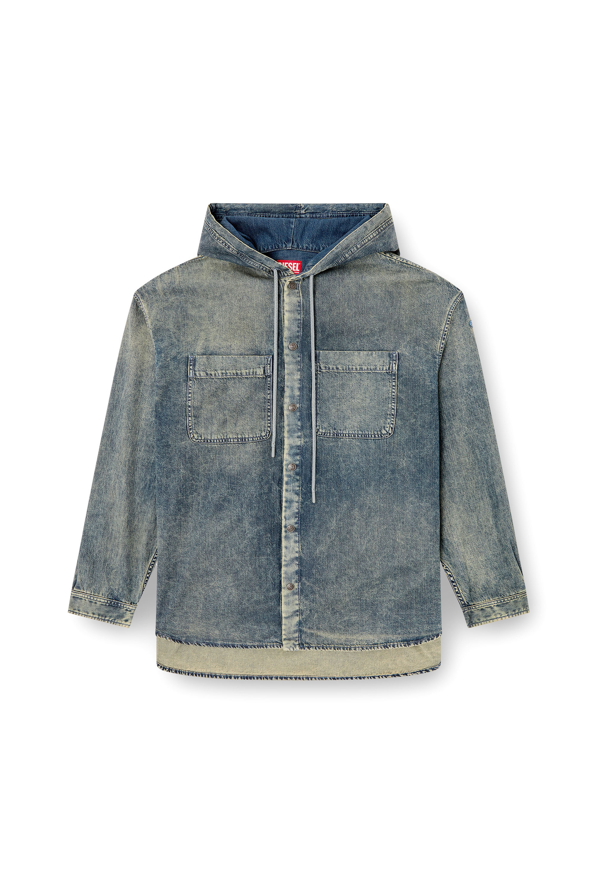 Diesel - D-DEWNY-HOOD-S2, Herren Overshirt aus marmoriertem beschichtetem Denim in Mittelblau - 3