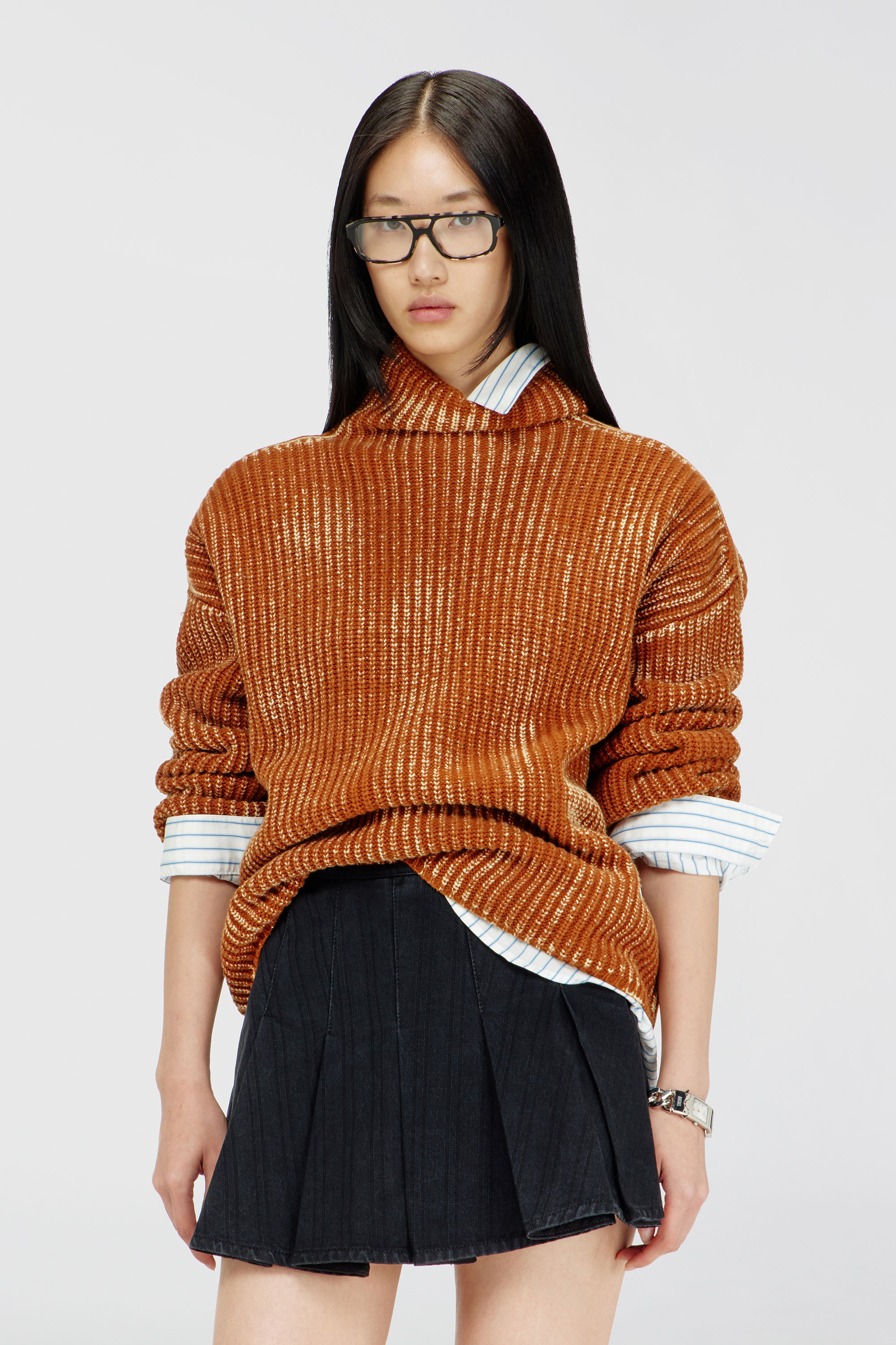 Diesel - M-AMET, Damen Pullover mit Funnelkragen aus gerippter Wollmischung in Braun - 1