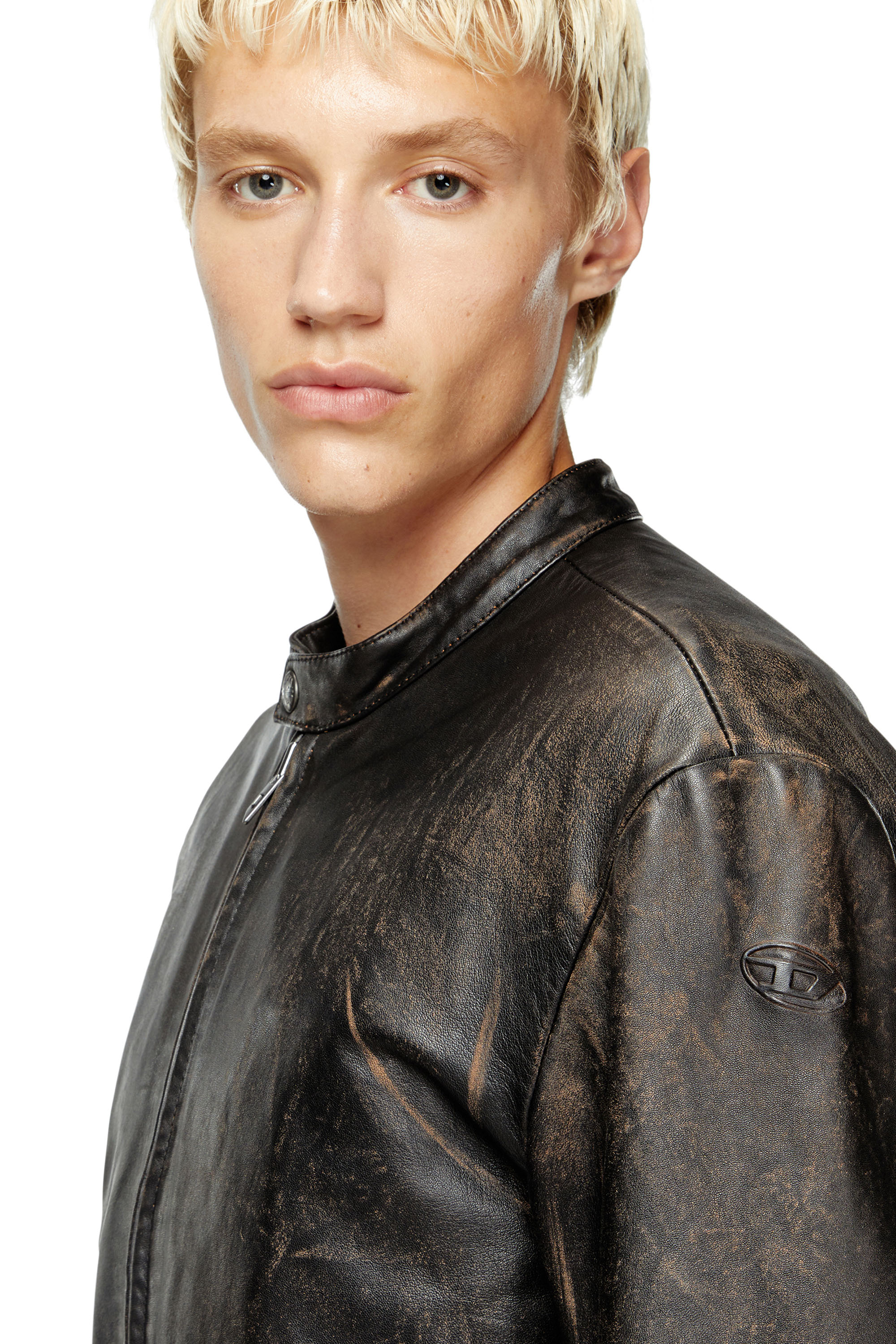 Diesel - L-AROSS, Herren Vielgetragene Bikerjacke aus Leder in Braun - 5