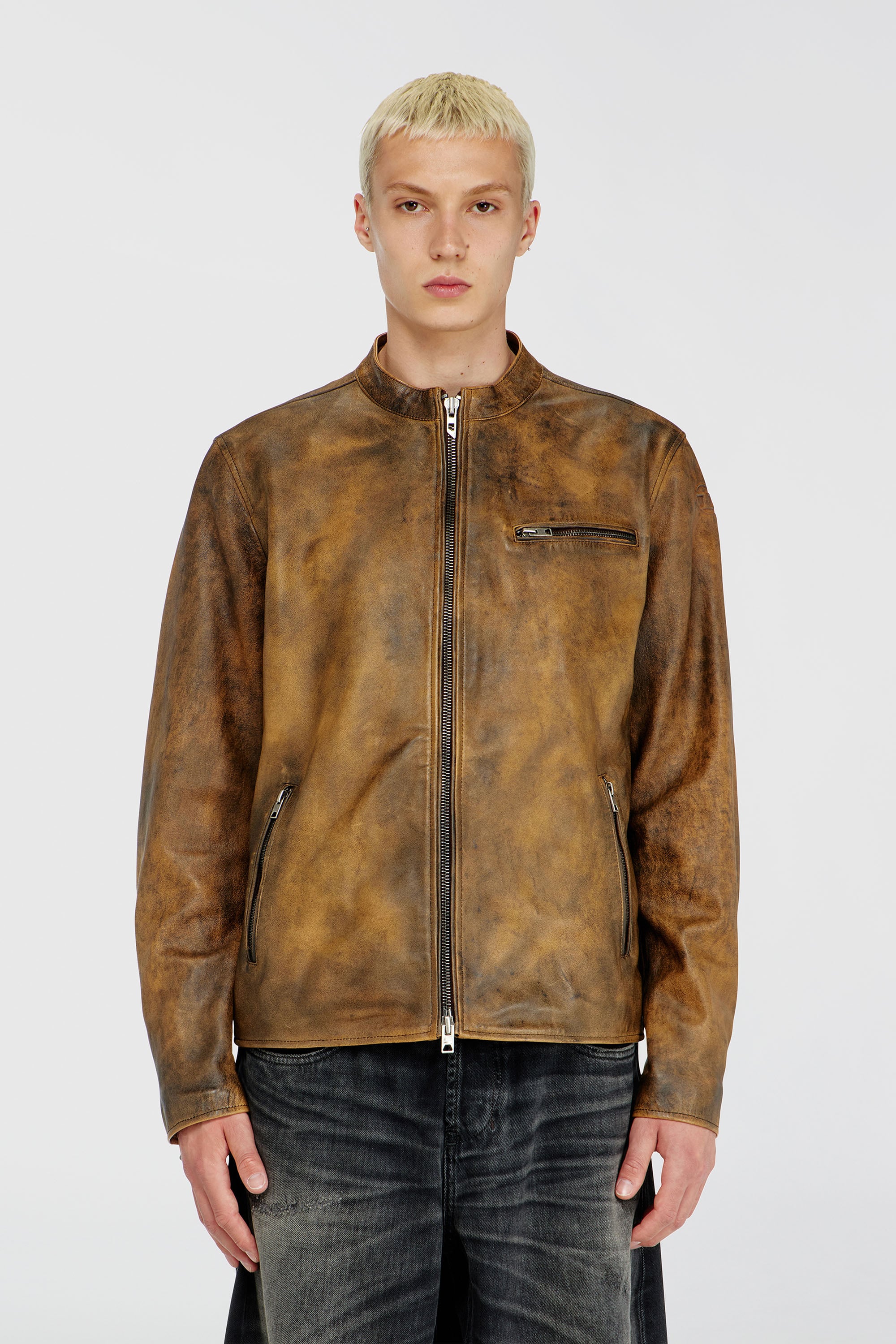 Diesel - L-ZAD-KNCZ, Herren Biker jacket aus behandeltem Leder in Hellbraun - 1