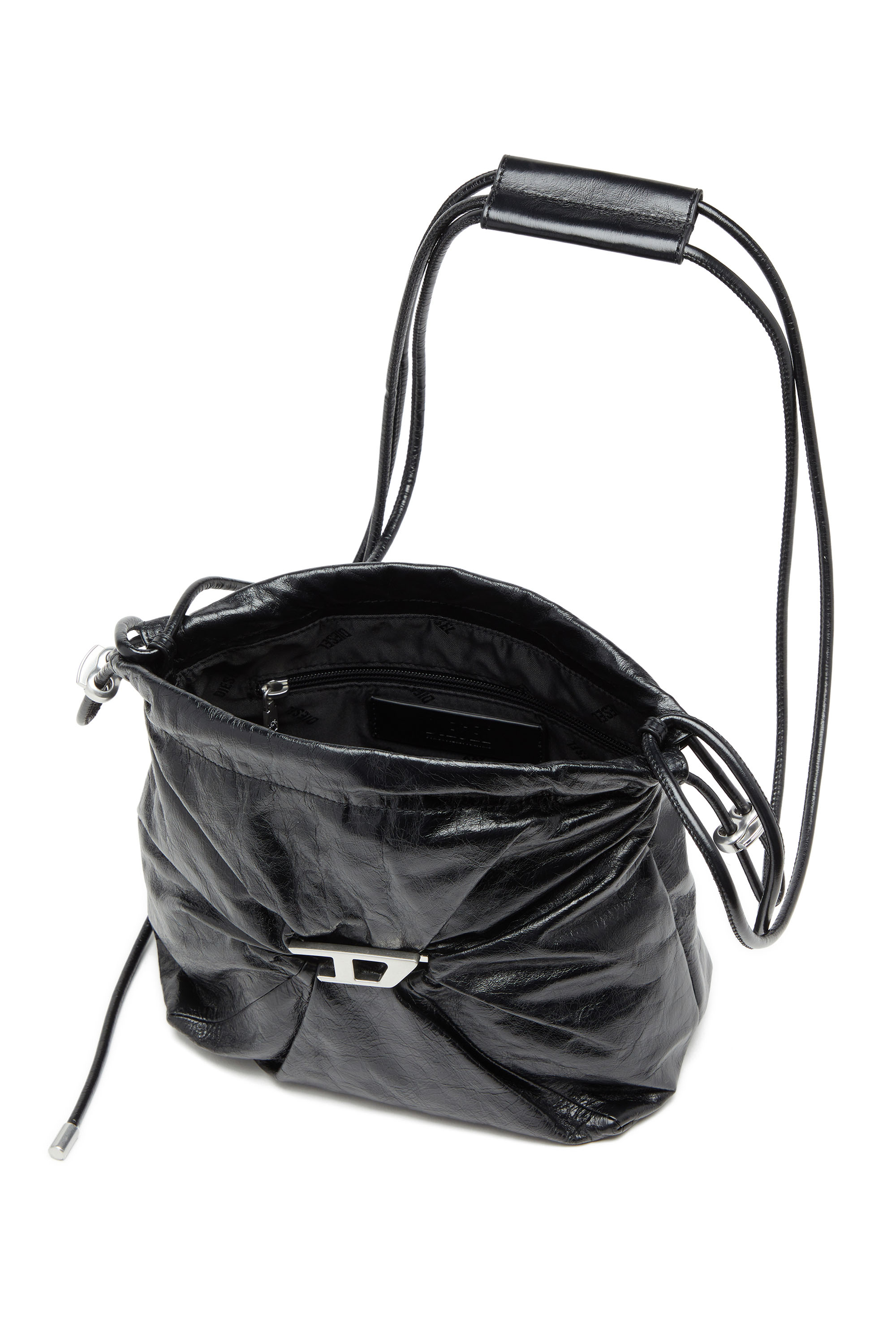 Diesel - SCRUNCH-D BUCKET, Damen Beuteltasche aus glänzendem zerknittertem Leder in Schwarz - 4