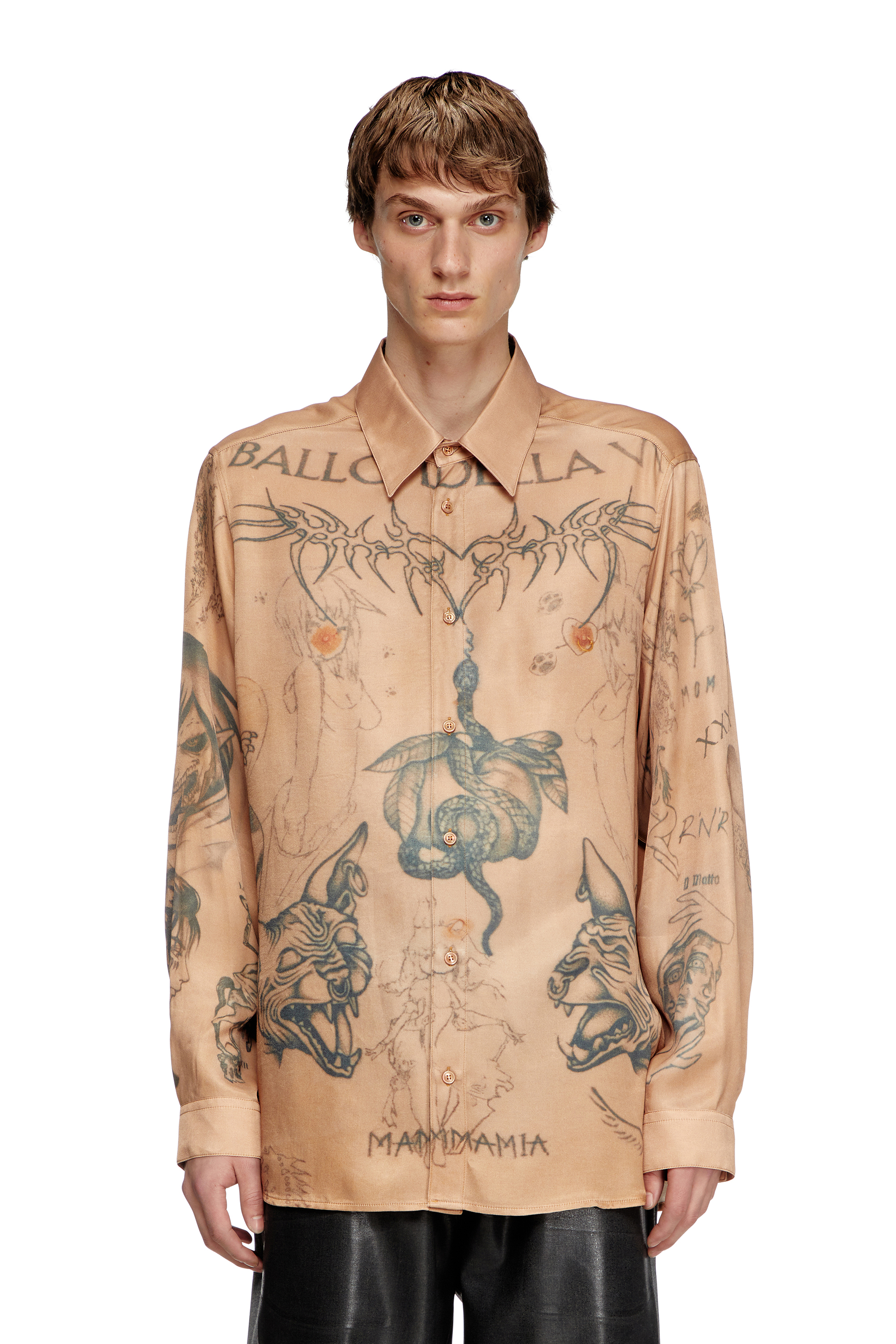 Diesel - S-SIMPLY-TTO-DD, Unisex Fließendes Shirt aus Satin mit Tattoo-Print in Beige - 6