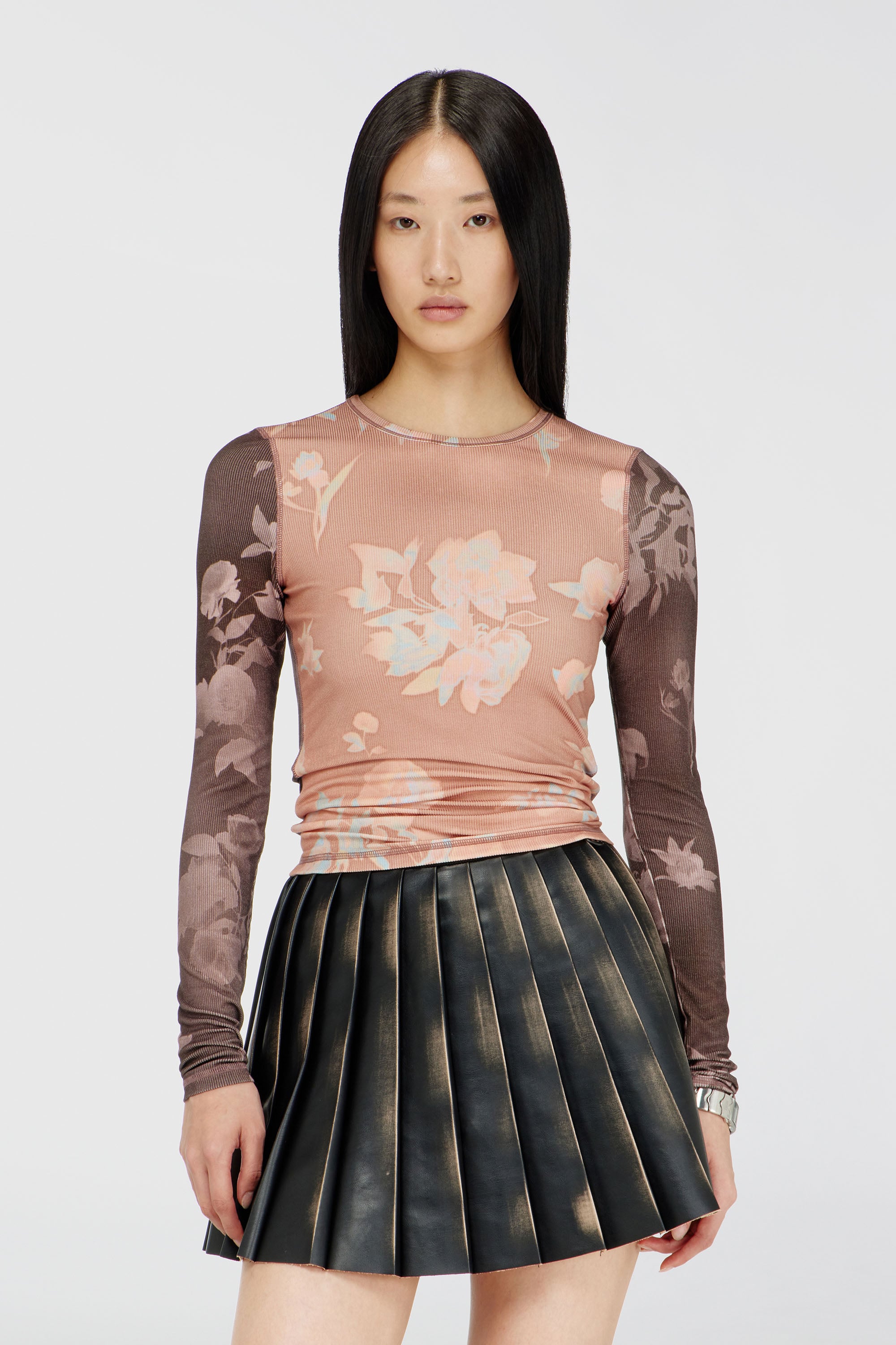 Diesel - T-MOKY-LS, Damen Top aus geripptem Jersey mit Blumenprint in Rosa - 1
