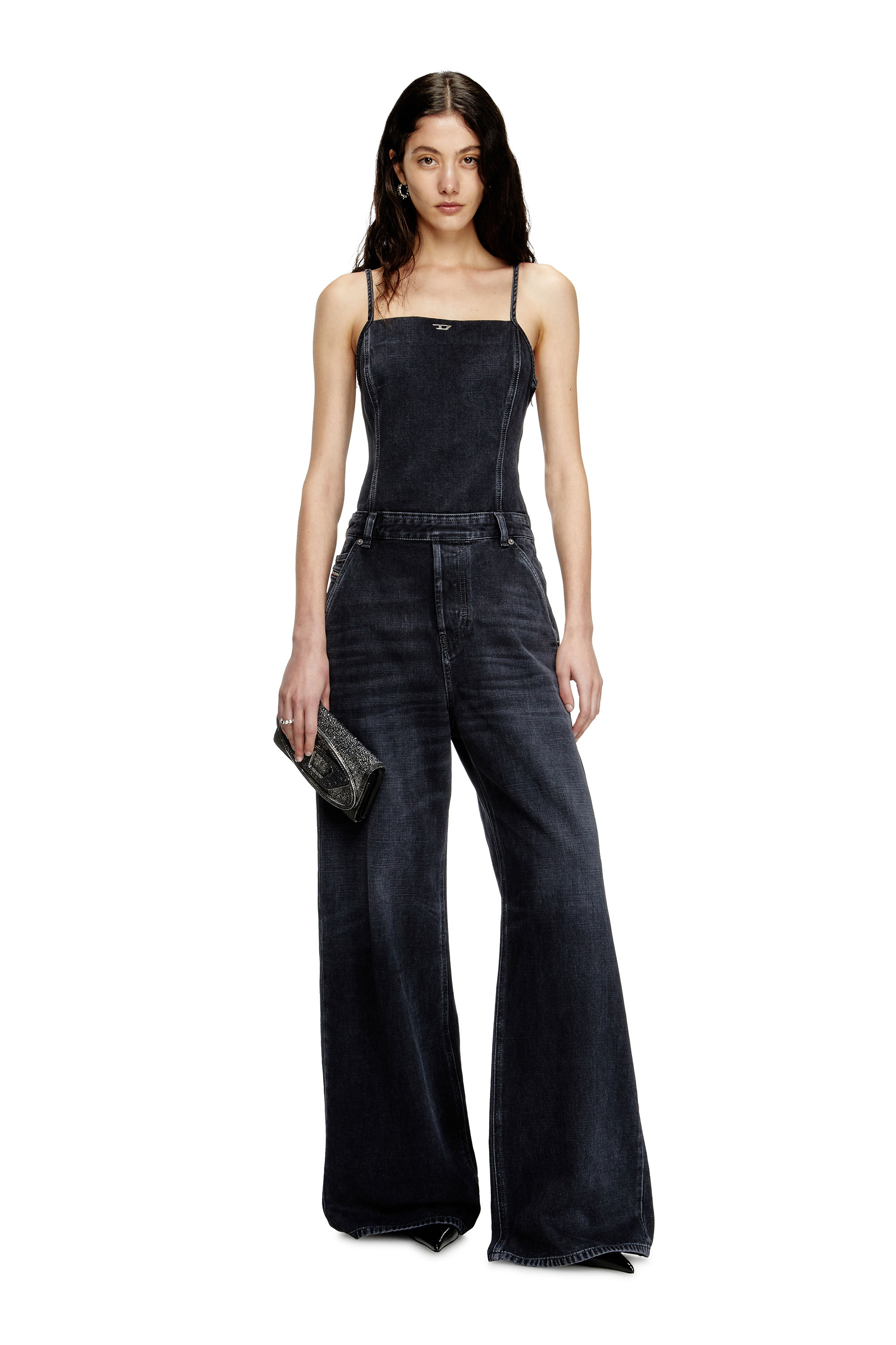 Diesel - DE-VORS, Damen Träger-Jumpsuit aus Denim in Köperbindung in Schwarz/Dunkelgrau - 1