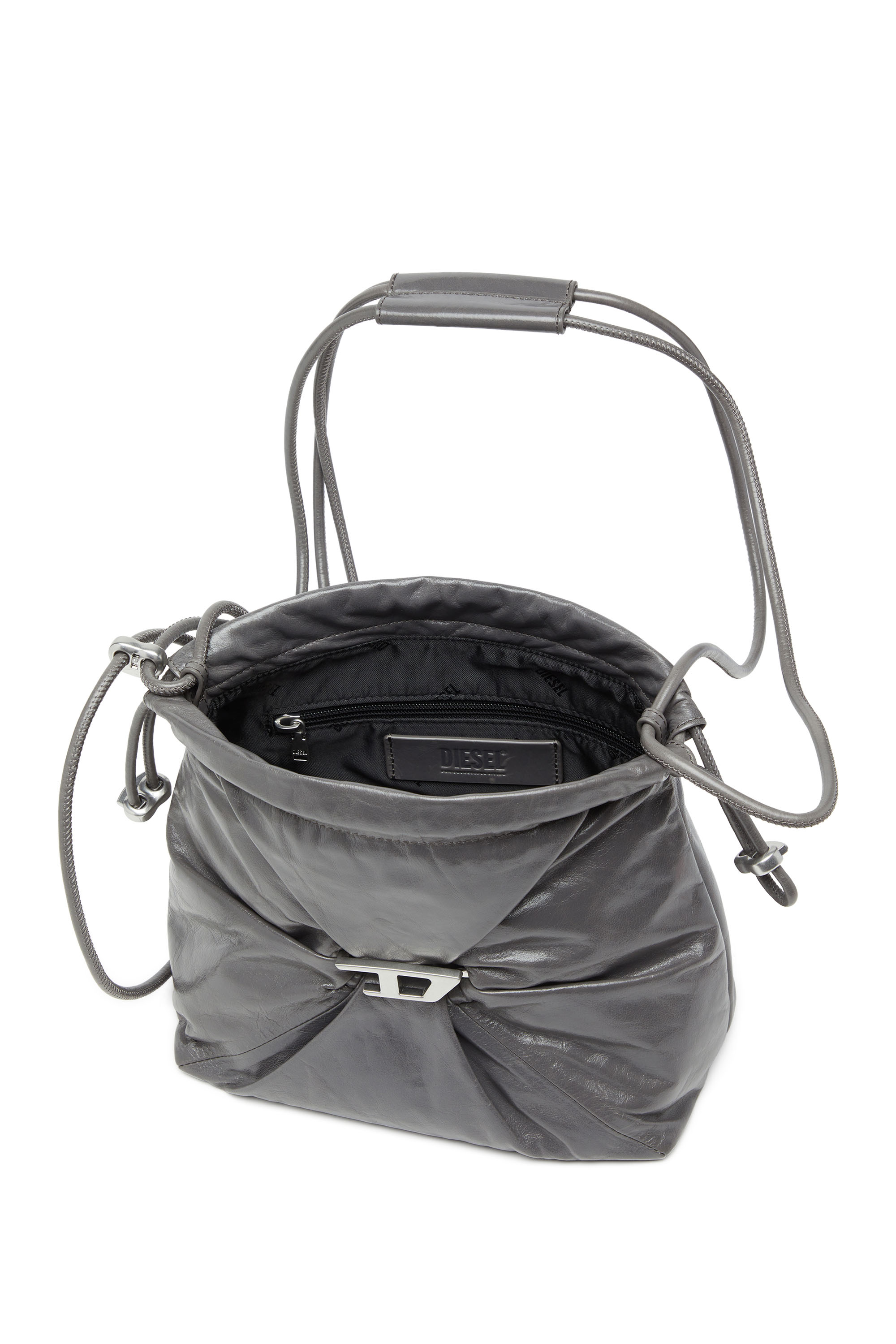 Diesel - SCRUNCH-D BUCKET, Damen Beuteltasche aus glänzendem zerknittertem Leder in Grau - 4