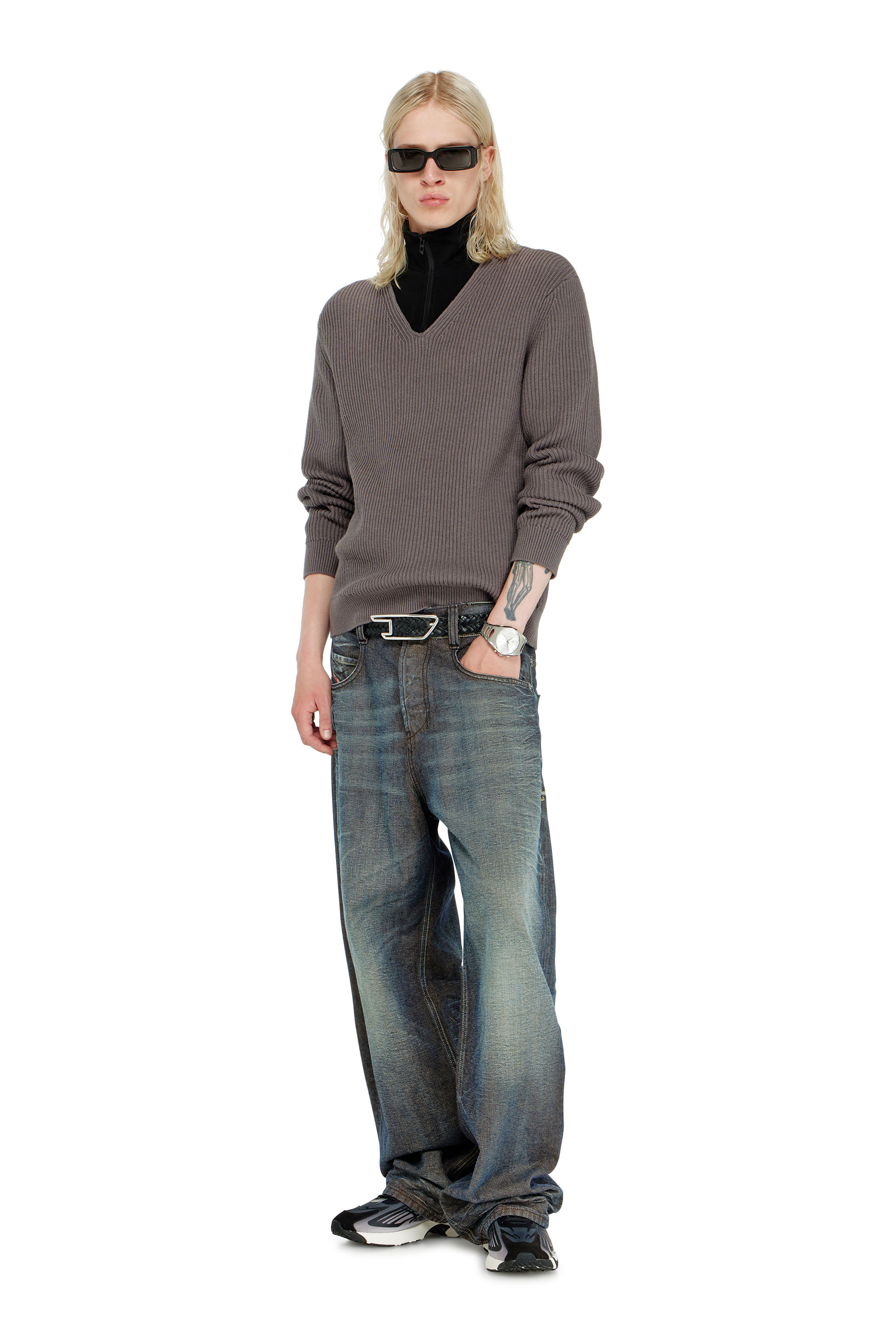 Diesel - K-MAMU, Herren Pullover mit half-zip und doppellagigem Kragen in Schwarz/Grau - 1