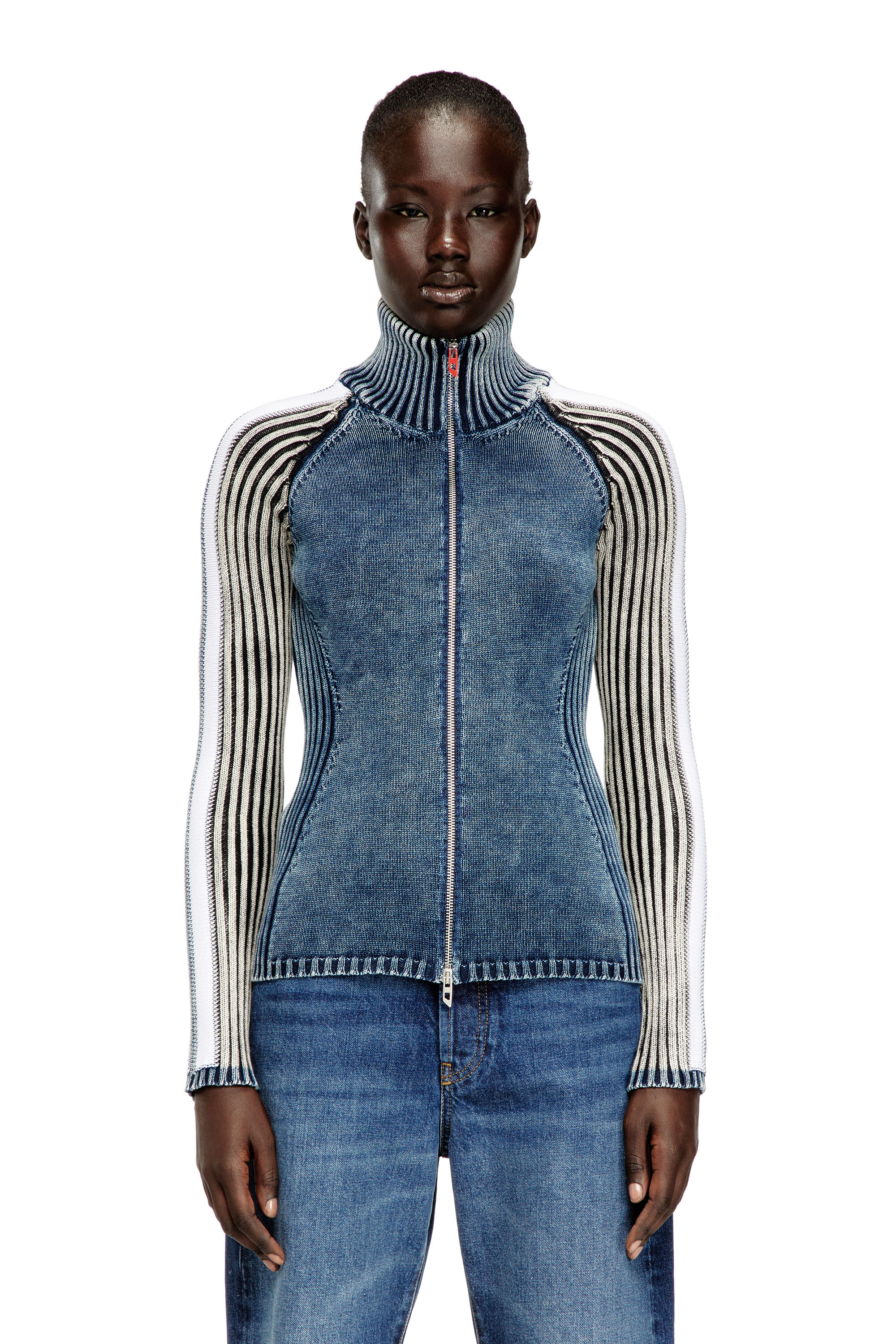 Diesel - M-ESTRELLA, Damen Reißverschluss-Cardigan mit sportlichen Streifen in Blau/Weiss - 1