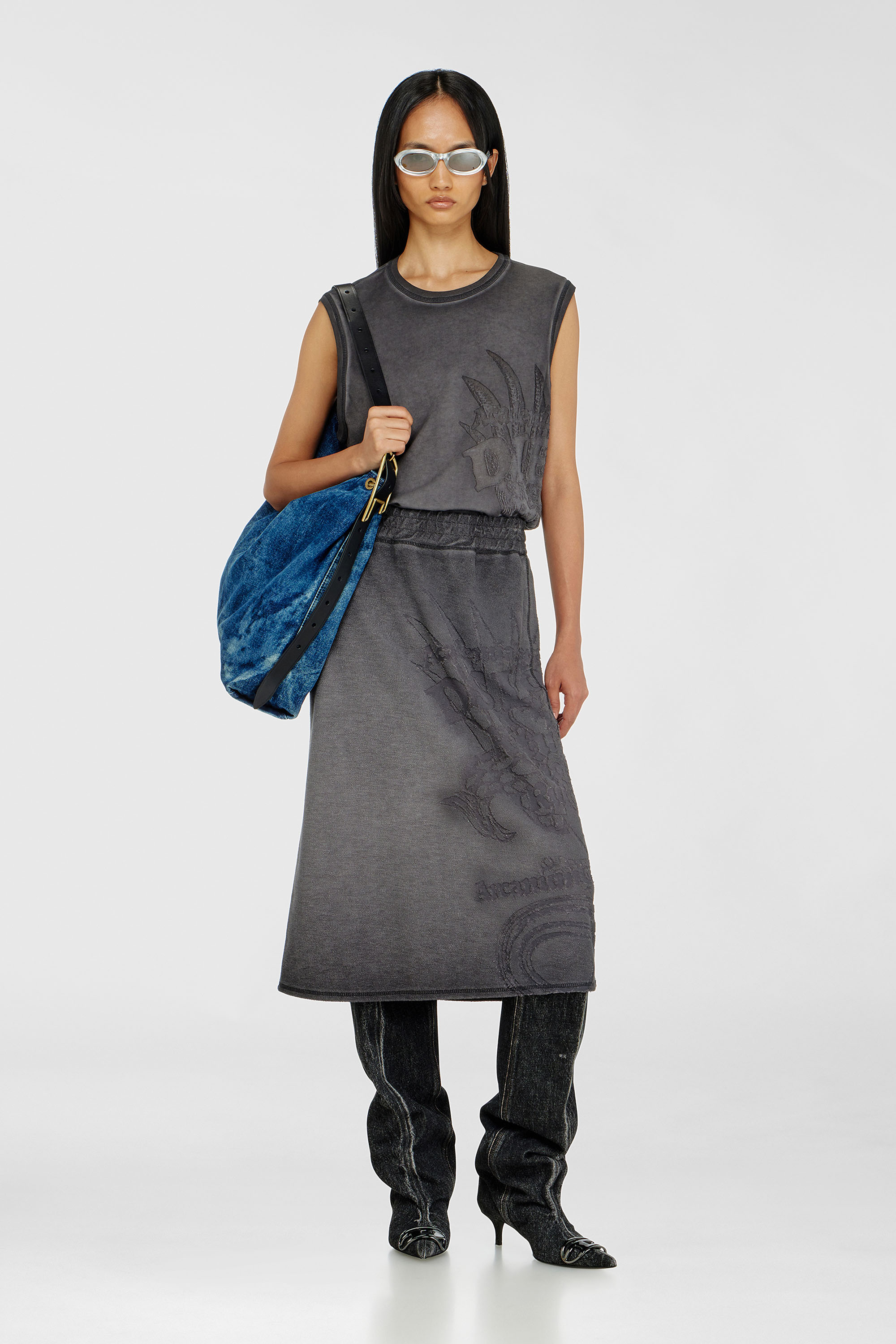 Diesel - O-BEAUTY, Damen Fleece-Midirock mit D&eacute;vor&eacute;-Print in Dunkelgrau - 1