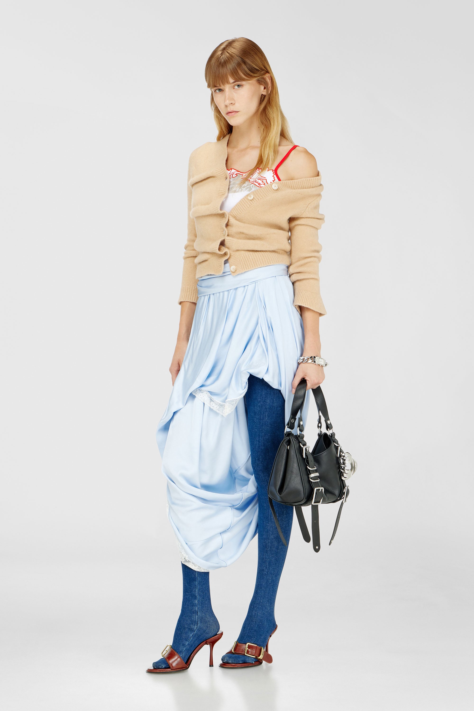 Diesel - O-WANDA, Damen Midirock aus Satin mit Spitzenbesatz in Hellblau - 1