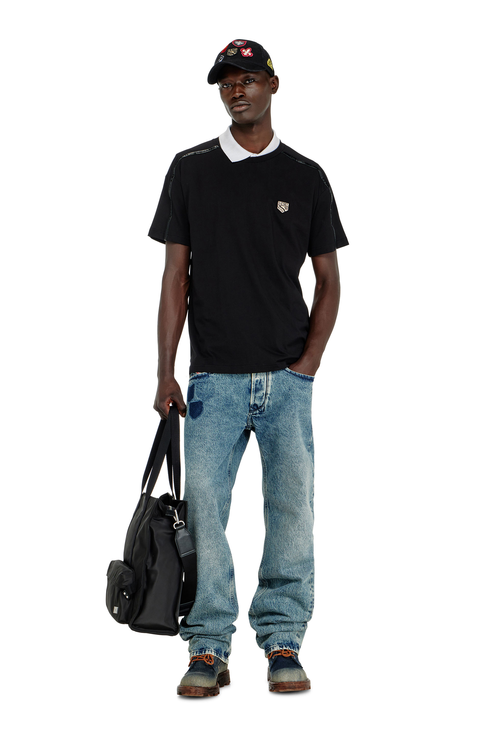Diesel - T-NORM-FL, Herren T-shirt mit Kontrastabschl&uuml;ssen und Logo patch in Schwarz - 2