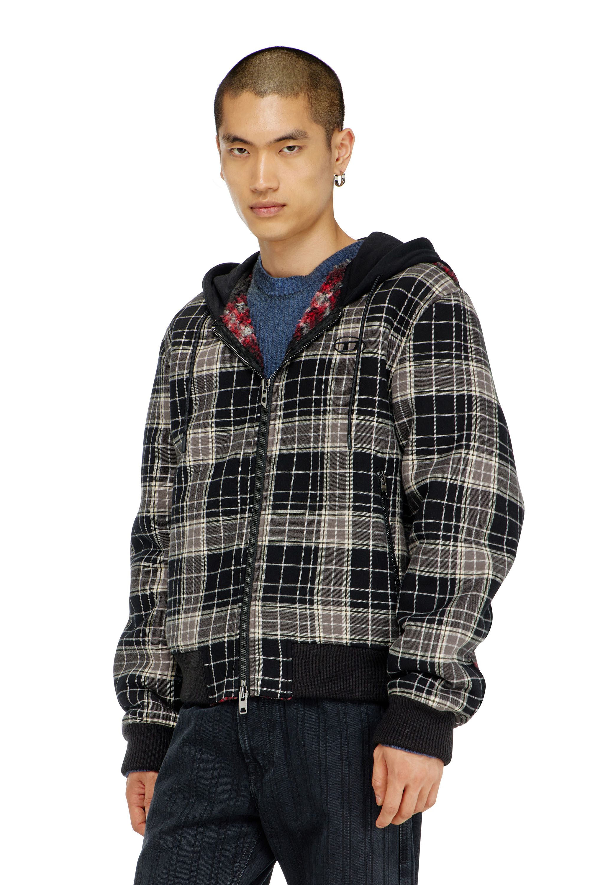 Diesel - W-KUNST, Herren Karo - Karo-bomberjacke mit flanellmuster und teddyfutter in Grau/Schwarz - 3