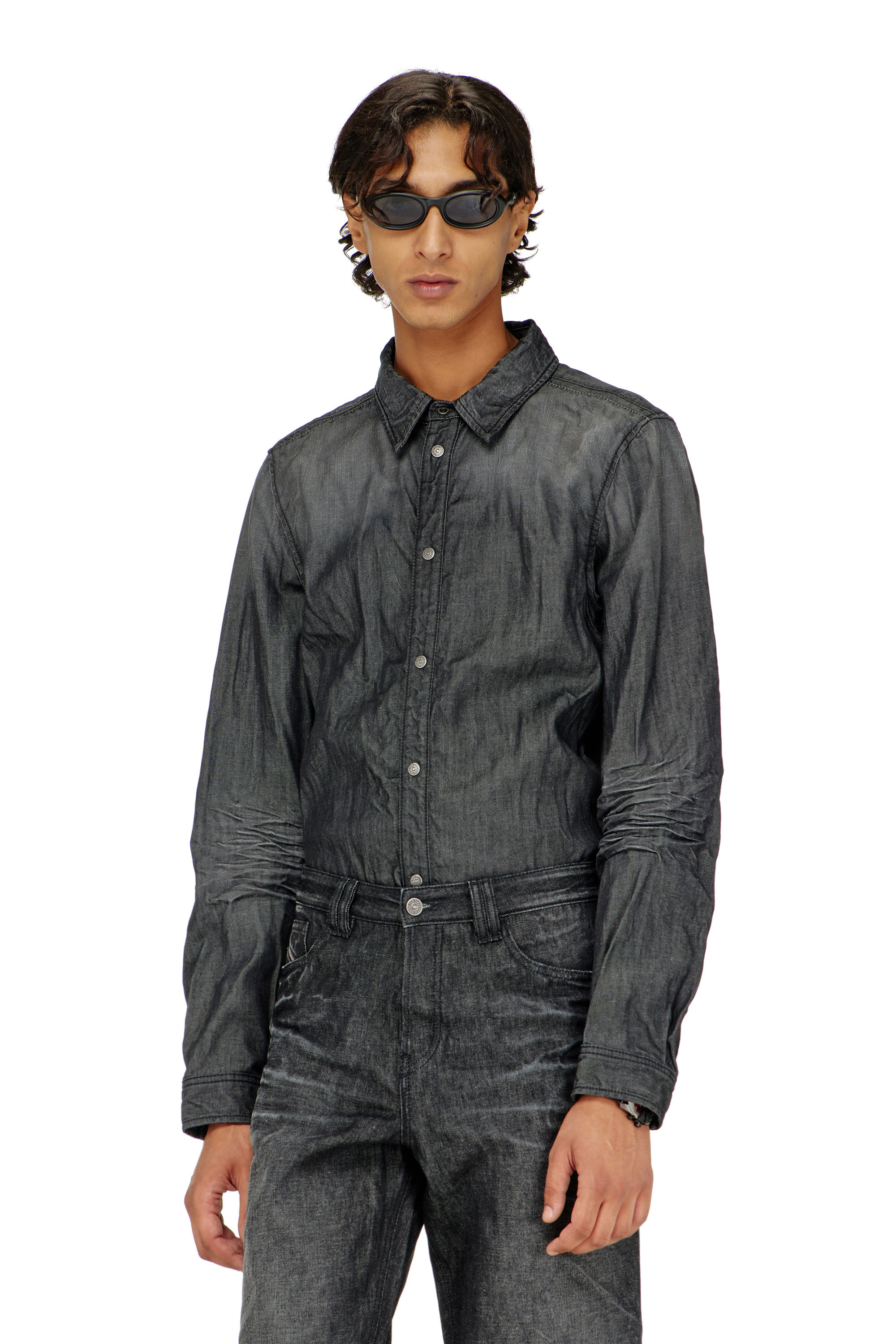 Diesel - D-SYNAR-FSJ2, Herren Hemd aus geknittertem Denim in Schwarz/Dunkelgrau - 1